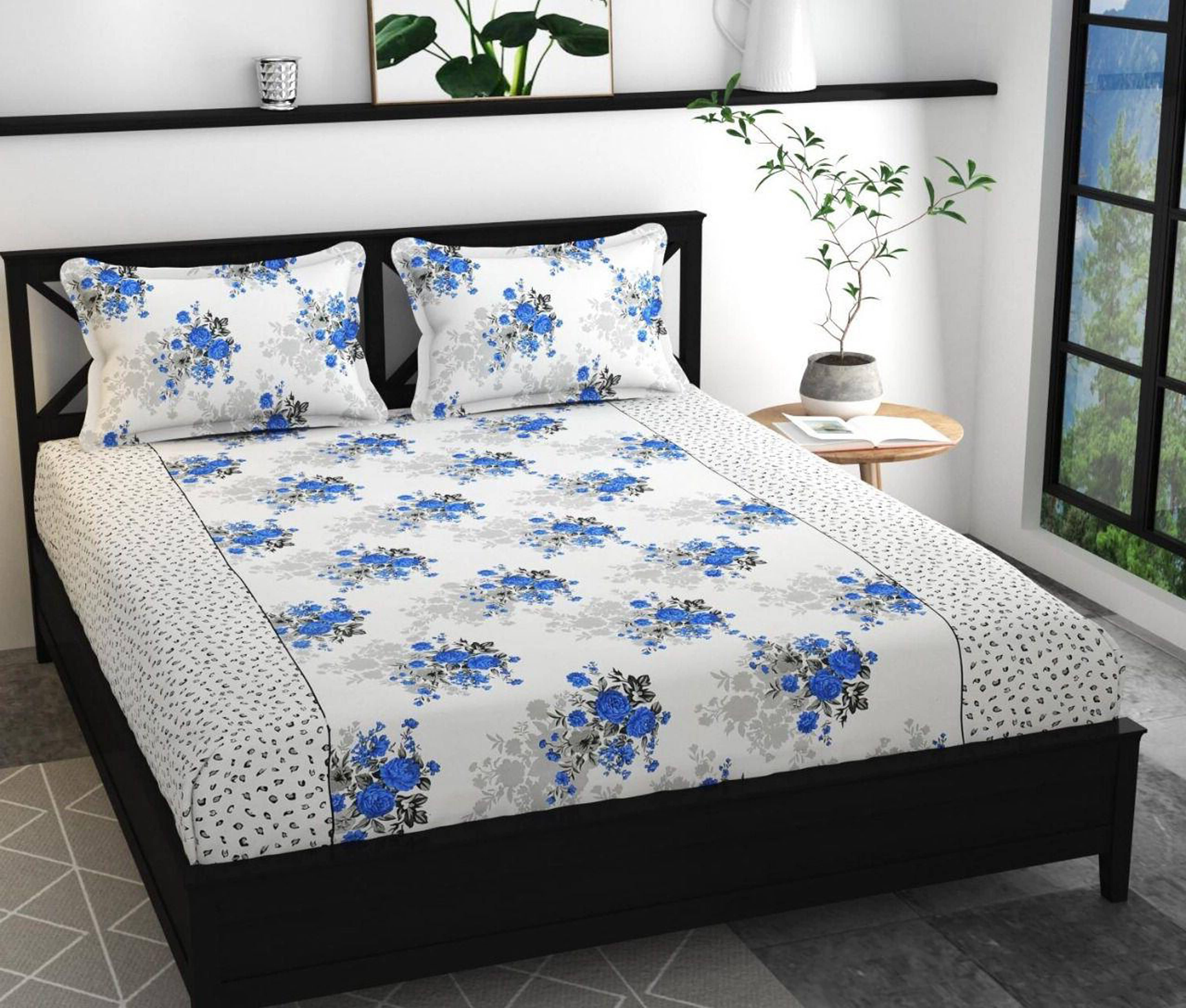 Apala Microfiber Floral Double Bedsheet with 2 Pillow Covers - white