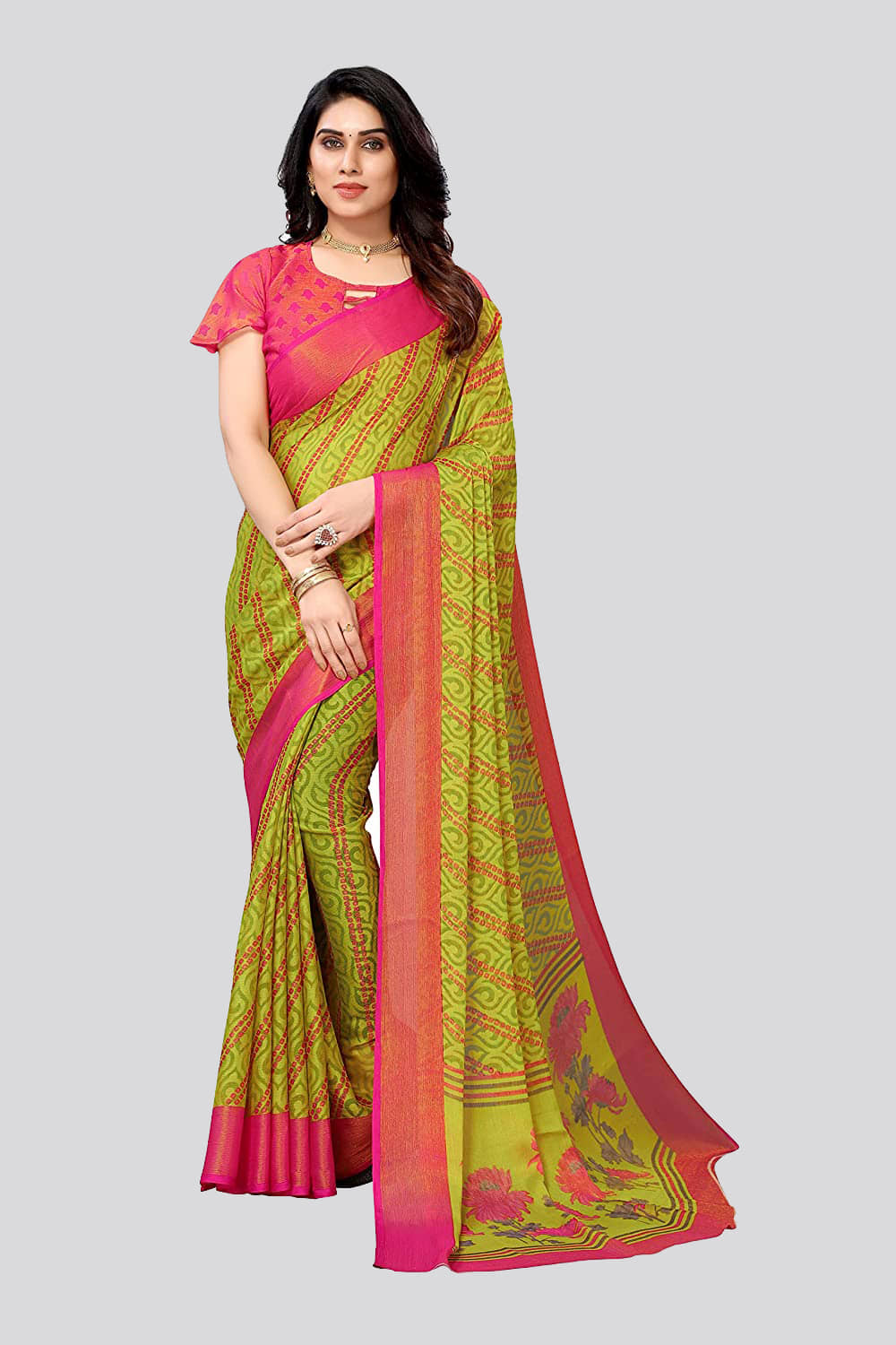 Bhuwal Fashion Brasso Printed Saree With Unstitched Blouse Piece ( Pink ) - Sarees | Buy online on ZillyBuy