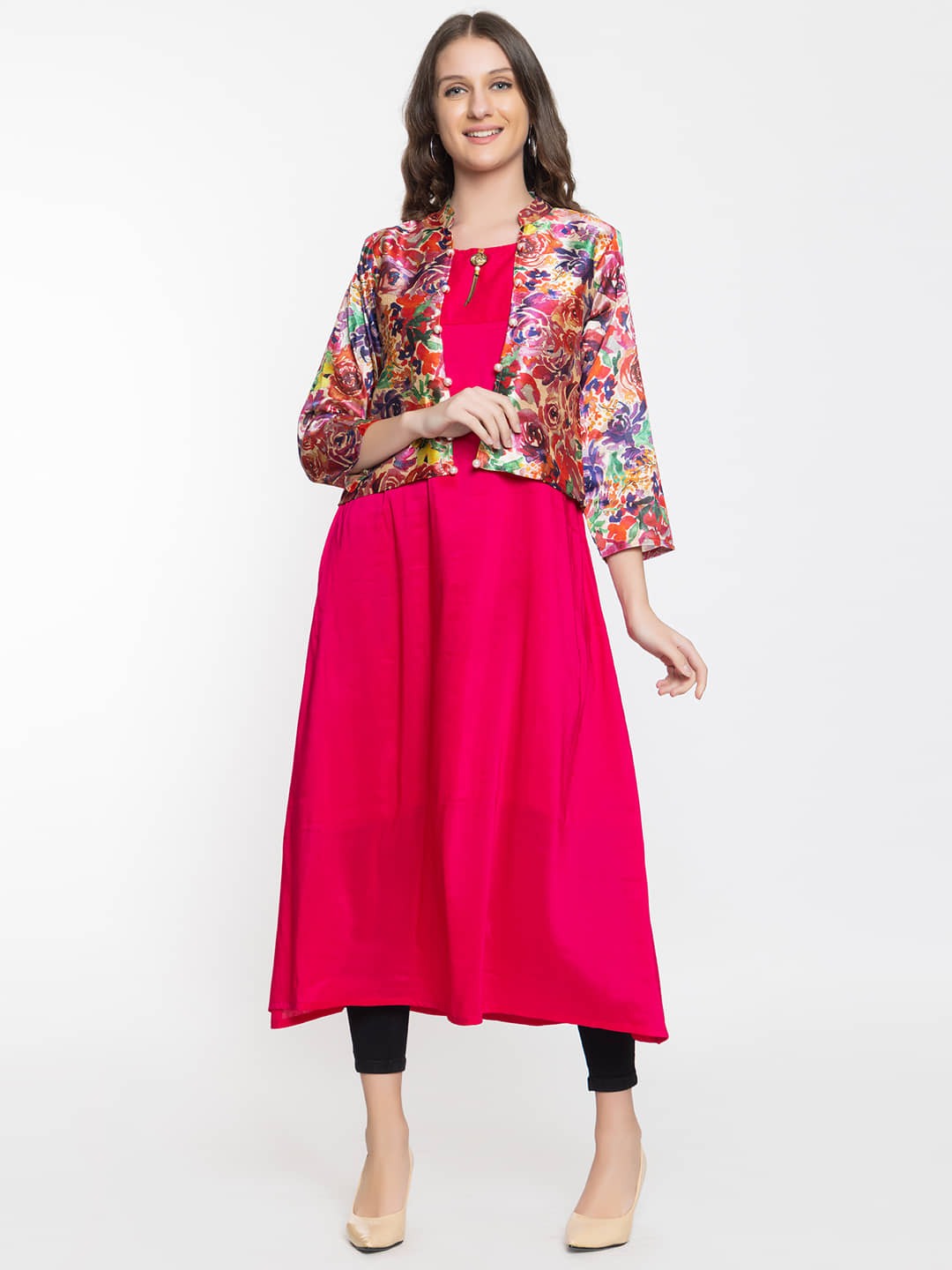 ELTHIA - Pink Silk Women's Jacket Style Kurti ( Pack of 1 ) - Kurtis, Tunics | Buy online on ZillyBuy