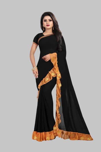 Fashionday Georgette Solid Saree With Unstitched Blouse Piece ( Black ) - Sarees | Buy online on ZillyBuy