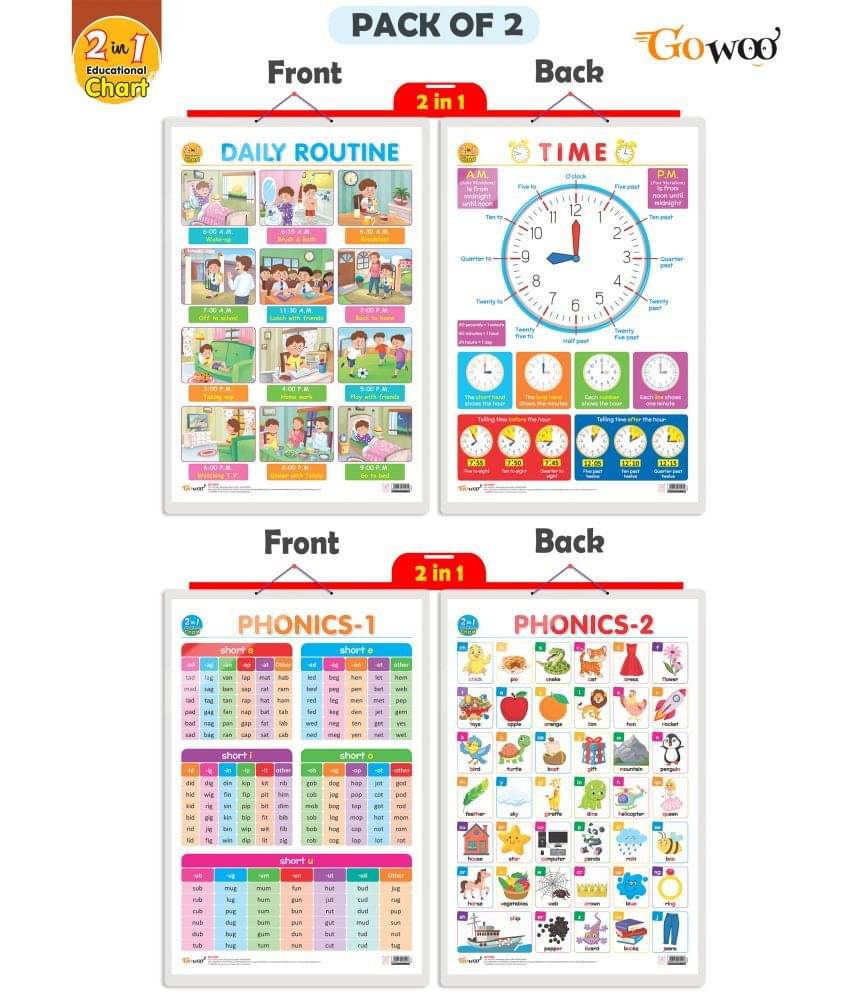 Set of 2 | 2 IN 1 DAILY ROUTINE AND TIME and 2 IN 1 PHONICS 1 AND PHONICS 2 Early Learning Educational Charts for Kids | 20"X30" inch |Non-Tearable and Waterproof | Double Sided Laminated | Perfect for Homeschooling, Kindergarten and Nursery Students Set of 2 | 2 IN 1 DAILY ROUTINE AND TIME and 2 IN 1 PHONICS 1 AND PHONICS 2 Early Learning Educational Charts for Kids | 20"X30" inch |Non-Tearable and Waterproof | Double Sided Laminated | Perfect for Homeschooling, Kindergarten and Nursery Students