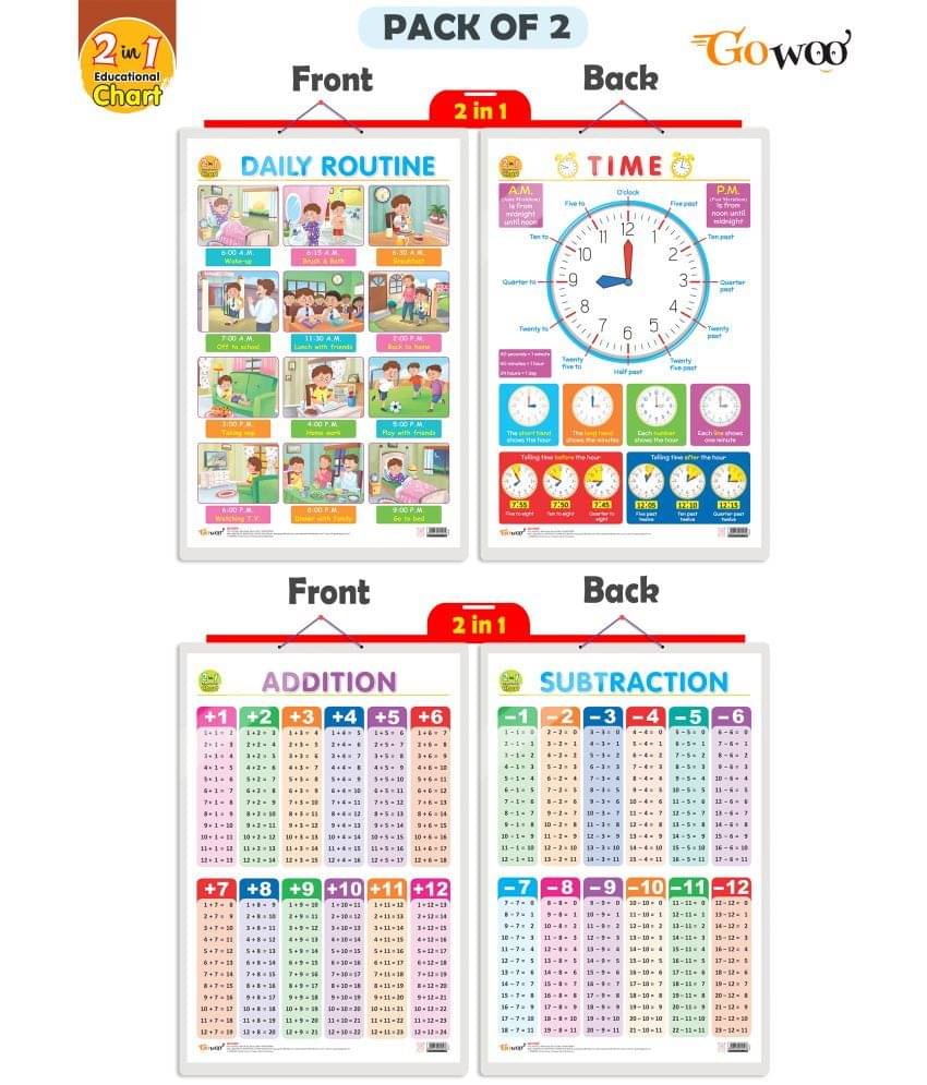 Set of 2 | 2 IN 1 DAILY ROUTINE AND TIME and 2 IN 1 ADDITION AND SUBTRACTION Early Learning Educational Charts for Kids | 20"X30" inch |Non-Tearable and Waterproof | Double Sided Laminated | Perfect for Homeschooling, Kindergarten and Nursery Students Set of 2 | 2 IN 1 DAILY ROUTINE AND TIME and 2 IN 1 ADDITION AND SUBTRACTION Early Learning Educational Charts for Kids | 20"X30" inch |Non-Tearable and Waterproof | Double Sided Laminated | Perfect for Homeschooling, Kindergarten and Nursery Students