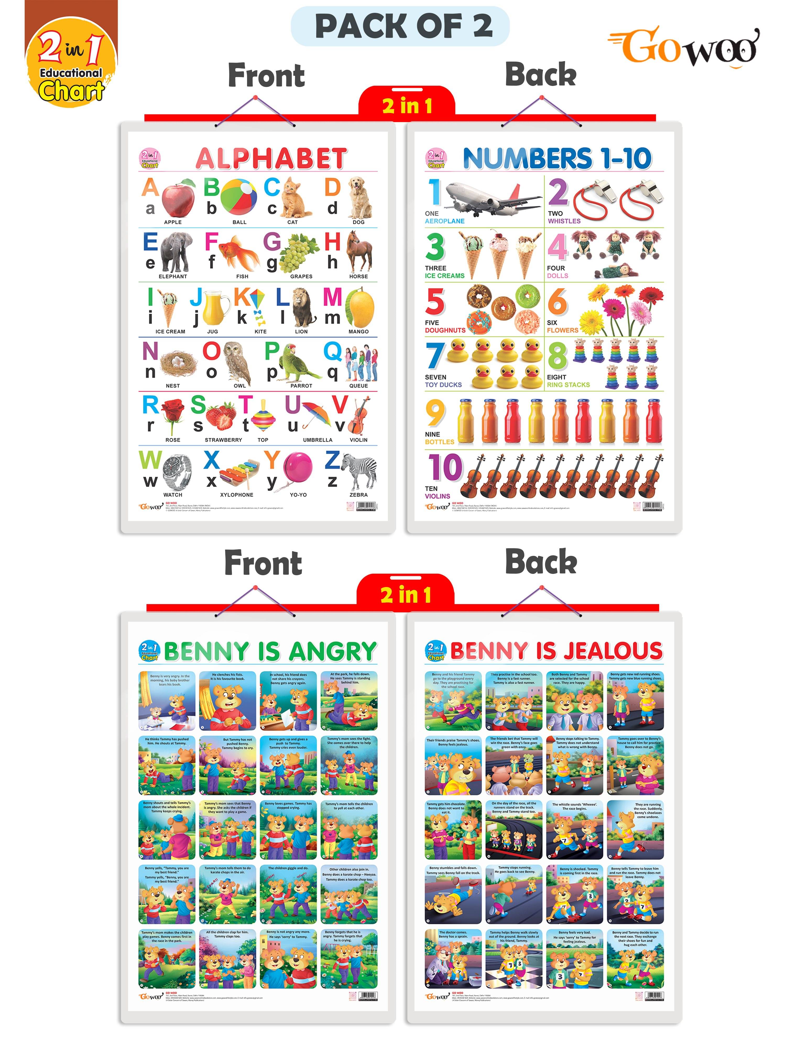     			Set of 2 | 2 IN 1 ALPHABET AND NUMBER 1-10 and 2 IN 1 BENNY IS ANGRY AND BENNY IS JEALOUS Early Learning Educational Charts for Kids