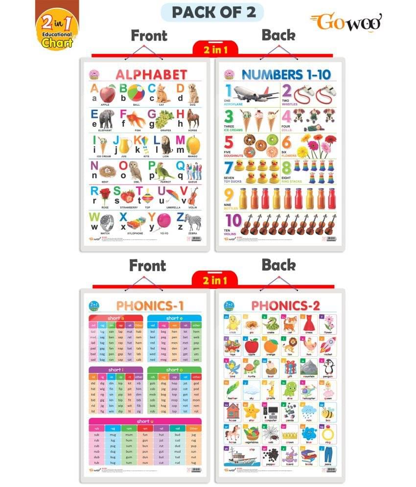 Set of 2 | 2 IN 1 ALPHABET AND NUMBER 1-10 and 2 IN 1 PHONICS 1 AND PHONICS 2 Early Learning Educational Charts for Kids | 20"X30" inch |Non-Tearable and Waterproof | Double Sided Laminated | Perfect for Homeschooling, Kindergarten and Nursery Students Set of 2 | 2 IN 1 ALPHABET AND NUMBER 1-10 and 2 IN 1 PHONICS 1 AND PHONICS 2 Early Learning Educational Charts for Kids | 20"X30" inch |Non-Tearable and Waterproof | Double Sided Laminated | Perfect for Homeschooling, Kindergarten and Nursery Students