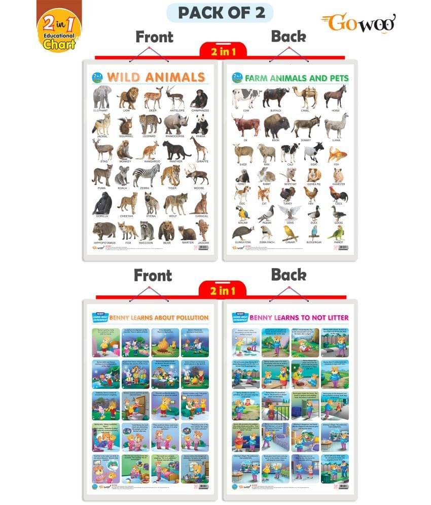 Set of 2 |2 IN 1 WILD AND FARM ANIMALS & PETS and 2 IN 1 BENNY LEARNS ABOUT POLLUTION AND BENNY LEARNS NOT TO LITTER Early Learning Educational Charts for Kids Set of 2 |2 IN 1 WILD AND FARM ANIMALS & PETS and 2 IN 1 BENNY LEARNS ABOUT POLLUTION AND BENNY LEARNS NOT TO LITTER Early Learning Educational Charts for Kids