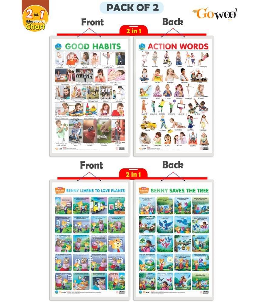 Set of 2 |2 IN 1 GOOD HABITS AND ACTION WORDS and 2 IN 1 BENNY LEARNS TO LOVE PLANTS AND BENNY SAVES THE TREE Early Learning Educational Charts for Kids| Set of 2 |2 IN 1 GOOD HABITS AND ACTION WORDS and 2 IN 1 BENNY LEARNS TO LOVE PLANTS AND BENNY SAVES THE TREE Early Learning Educational Charts for Kids|