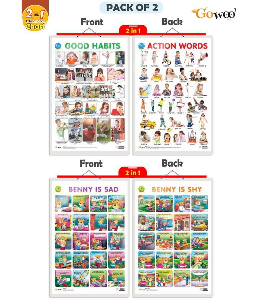 Set of 2 |2 IN 1 GOOD HABITS AND ACTION WORDS and 2 IN 1 BENNY IS SAD AND BENNY IS SHY Early Learning Educational Charts for Kids| Set of 2 |2 IN 1 GOOD HABITS AND ACTION WORDS and 2 IN 1 BENNY IS SAD AND BENNY IS SHY Early Learning Educational Charts for Kids|