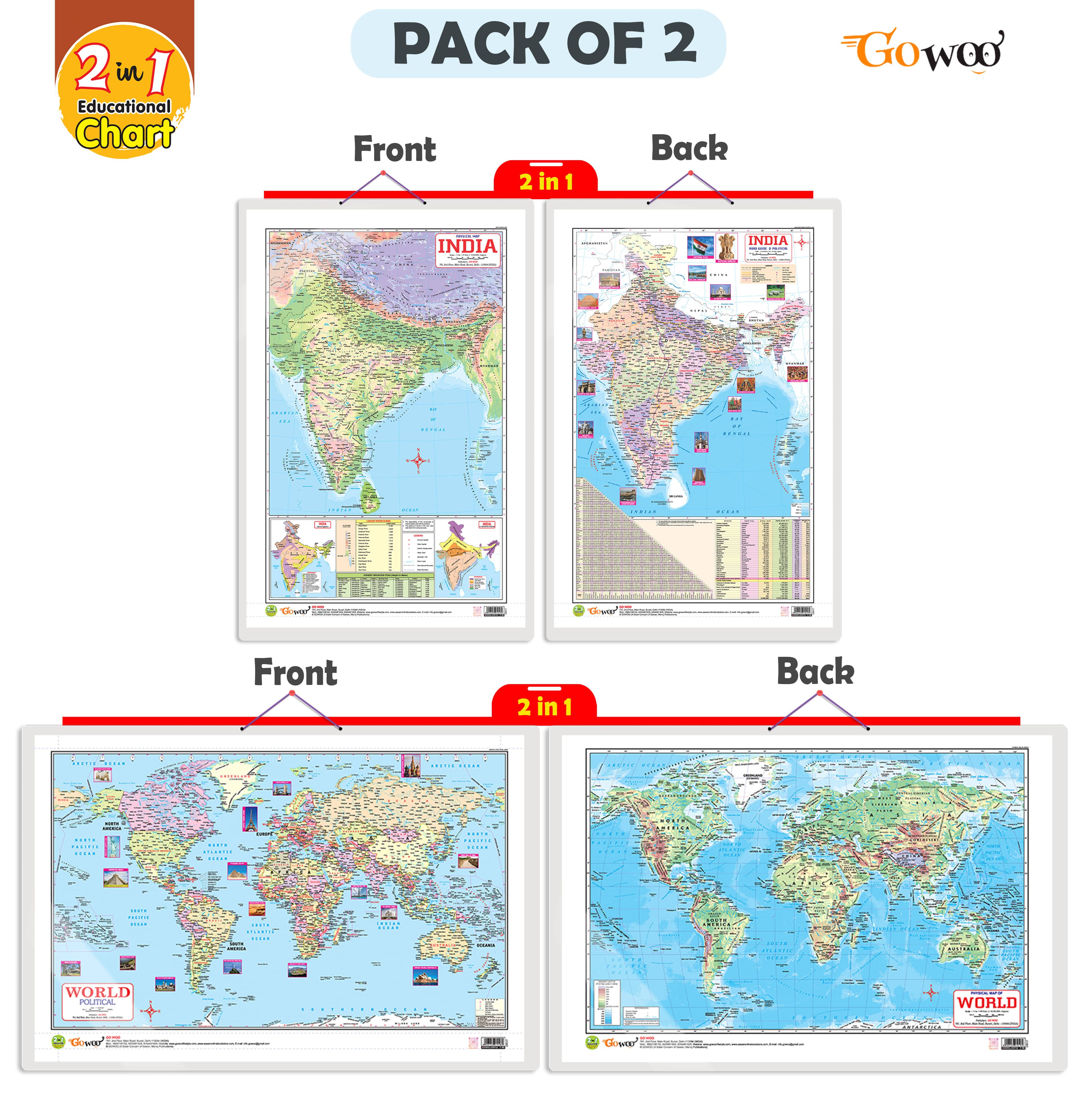 Set of 2 | 2 IN 1 INDIA POLITICAL AND PHYSICAL MAP IN ENGLISH and 2 IN 1 WORLD POLITICAL AND PHYSICAL MAP IN ENGLISH Educational Charts Set of 2 | 2 IN 1 INDIA POLITICAL AND PHYSICAL MAP IN ENGLISH and 2 IN 1 WORLD POLITICAL AND PHYSICAL MAP IN ENGLISH Educational Charts