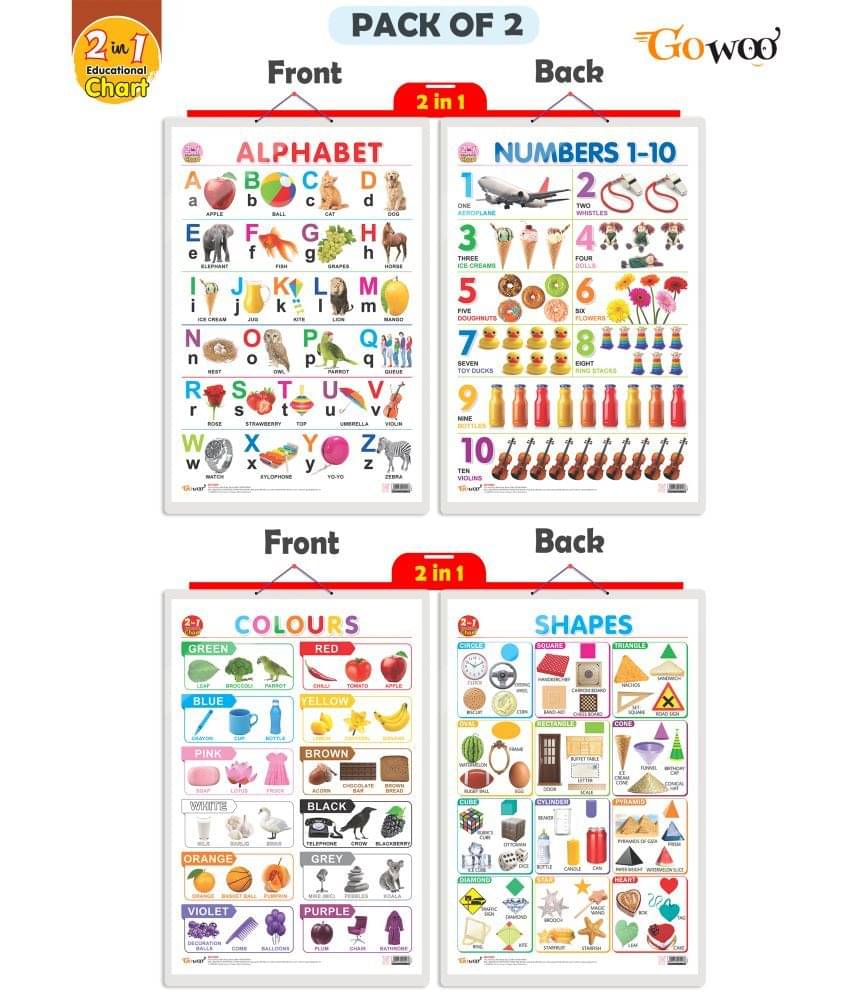 Set of 2 | 2 IN 1 ALPHABET AND NUMBER 1-10 and 2 IN 1 COLOURS AND SHAPES Early Learning Educational Charts for Kids Set of 2 | 2 IN 1 ALPHABET AND NUMBER 1-10 and 2 IN 1 COLOURS AND SHAPES Early Learning Educational Charts for Kids