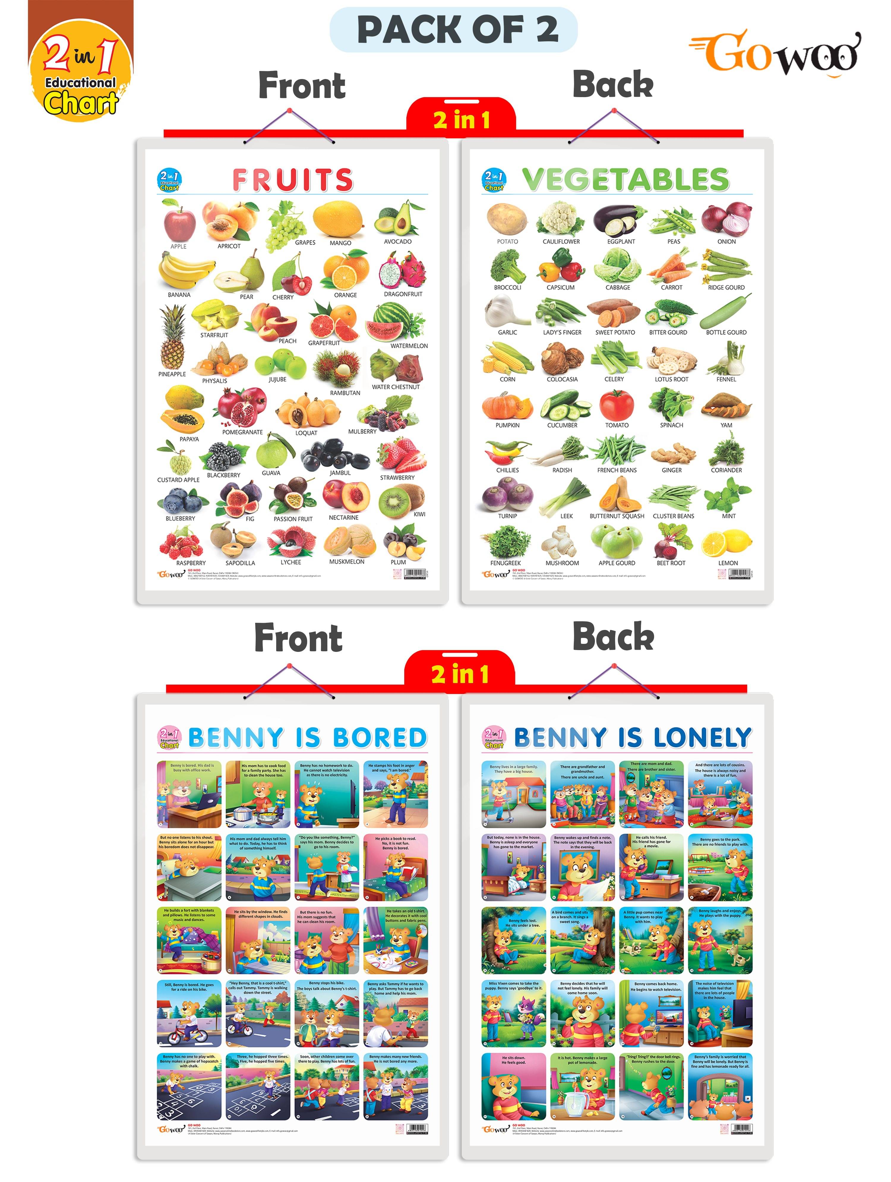 Set of 2 | 2 IN 1 FRUITS AND VEGETABLES and 2 IN 1 BENNY IS BORED AND BENNY IS LONELY Early Learning Educational Charts for Kids Set of 2 | 2 IN 1 FRUITS AND VEGETABLES and 2 IN 1 BENNY IS BORED AND BENNY IS LONELY Early Learning Educational Charts for Kids