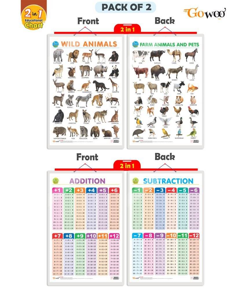 Set of 2 |2 IN 1 WILD AND FARM ANIMALS & PETS and 2 IN 1 ADDITION AND SUBTRACTION Early Learning Educational Charts for Kids| 20"X30" inch |Non-Tearable and Waterproof| Double Sided Laminated | Perfect for Homeschooling, Kindergarten and Nursery Students Set of 2 |2 IN 1 WILD AND FARM ANIMALS & PETS and 2 IN 1 ADDITION AND SUBTRACTION Early Learning Educational Charts for Kids| 20"X30" inch |Non-Tearable and Waterproof| Double Sided Laminated | Perfect for Homeschooling, Kindergarten and Nursery Students