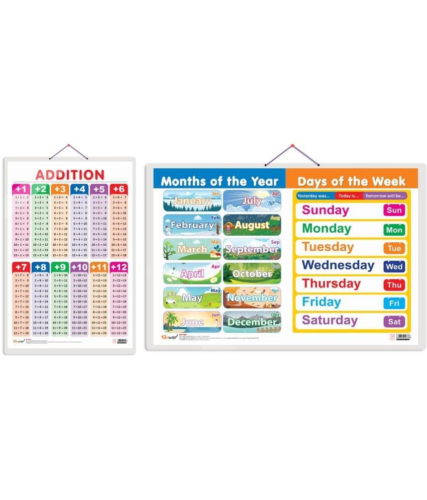 Set of 2 ADDITION and MONTHS OF THE YEAR AND DAYS OF THE WEEK Early Learning Educational Charts for Kids | 20"X30" inch |Non-Tearable and Waterproof | Double Sided Laminated | Perfect for Homeschooling, Kindergarten and Nursery Students Set of 2 ADDITION and MONTHS OF THE YEAR AND DAYS OF THE WEEK Early Learning Educational Charts for Kids | 20"X30" inch |Non-Tearable and Waterproof | Double Sided Laminated | Perfect for Homeschooling, Kindergarten and Nursery Students