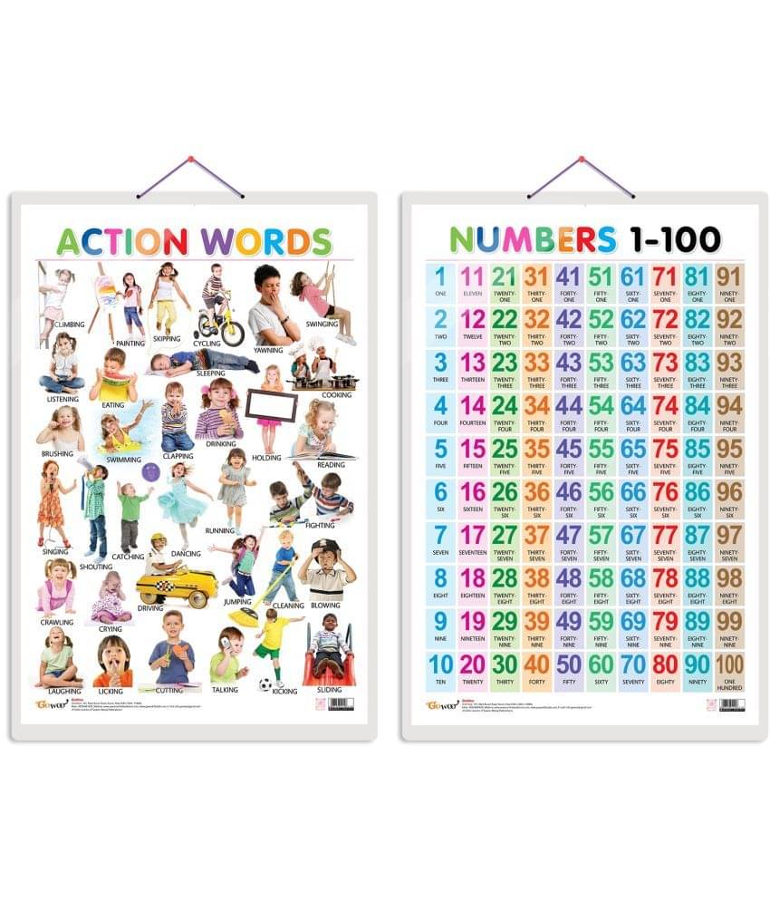 Set of 2 Action Words and Numbers 1-100 Early Learning Educational Charts for Kids | 20"X30" inch |Non-Tearable and Waterproof | Double Sided Laminated | Perfect for Homeschooling, Kindergarten and Nursery Students Set of 2 Action Words and Numbers 1-100 Early Learning Educational Charts for Kids | 20"X30" inch |Non-Tearable and Waterproof | Double Sided Laminated | Perfect for Homeschooling, Kindergarten and Nursery Students