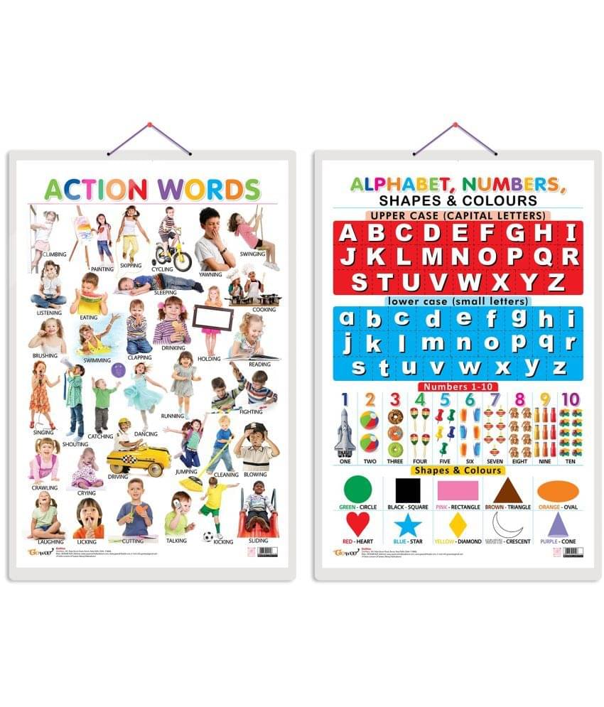 Set of 2 Action Words and Alphabet, Numbers, Shapes & Colours Early Learning Educational Charts for Kids | 20"X30" inch |Non-Tearable and Waterproof | Double Sided Laminated | Perfect for Homeschooling, Kindergarten and Nursery Students Set of 2 Action Words and Alphabet, Numbers, Shapes & Colours Early Learning Educational Charts for Kids | 20"X30" inch |Non-Tearable and Waterproof | Double Sided Laminated | Perfect for Homeschooling, Kindergarten and Nursery Students