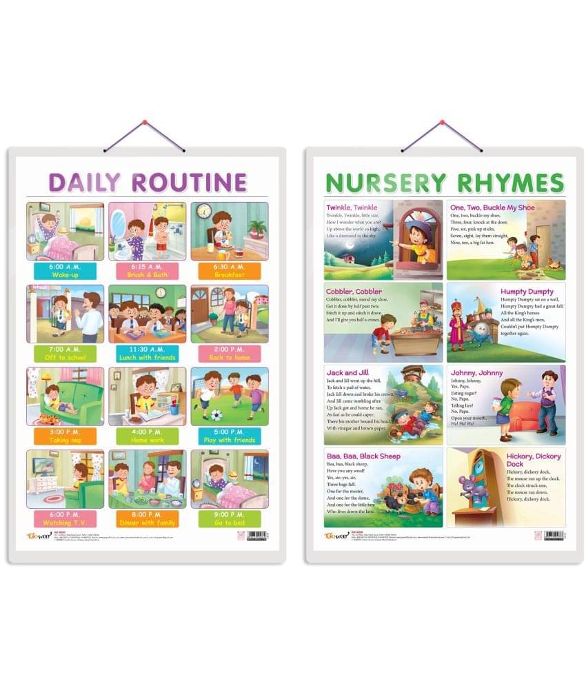 Set of 2 DAILY ROUTINE and NURSERY RHYMES Early Learning Educational Charts for Kids | 20"X30" inch |Non-Tearable and Waterproof | Double Sided Laminated | Perfect for Homeschooling, Kindergarten and Nursery Students Set of 2 DAILY ROUTINE and NURSERY RHYMES Early Learning Educational Charts for Kids | 20"X30" inch |Non-Tearable and Waterproof | Double Sided Laminated | Perfect for Homeschooling, Kindergarten and Nursery Students