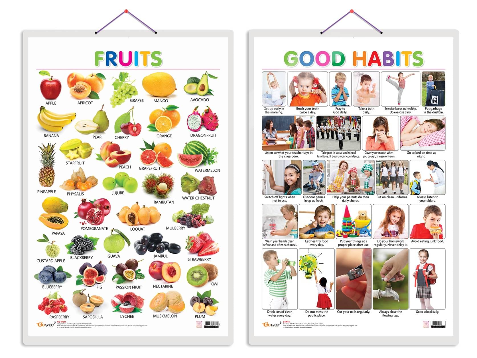     			Set of 2 Fruits and Good Habits Early Learning Educational Charts for Kids | 20"X30" inch |Non-Tearable and Waterproof | Double Sided Laminated | Perfect for Homeschooling, Kindergarten and Nursery Students