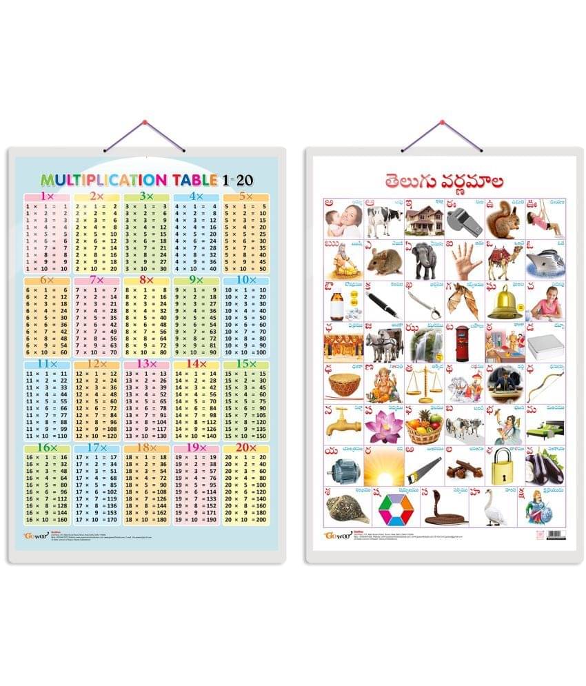 Set of 2 Multiplication Table 1-20 and Telugu Alphabet (Telugu) Early Learning Educational Charts for Kids | 20"X30" inch |Non-Tearable and Waterproof | Double Sided Laminated | Perfect for Homeschooling, Kindergarten and Nursery Students Set of 2 Multiplication Table 1-20 and Telugu Alphabet (Telugu) Early Learning Educational Charts for Kids | 20"X30" inch |Non-Tearable and Waterproof | Double Sided Laminated | Perfect for Homeschooling, Kindergarten and Nursery Students