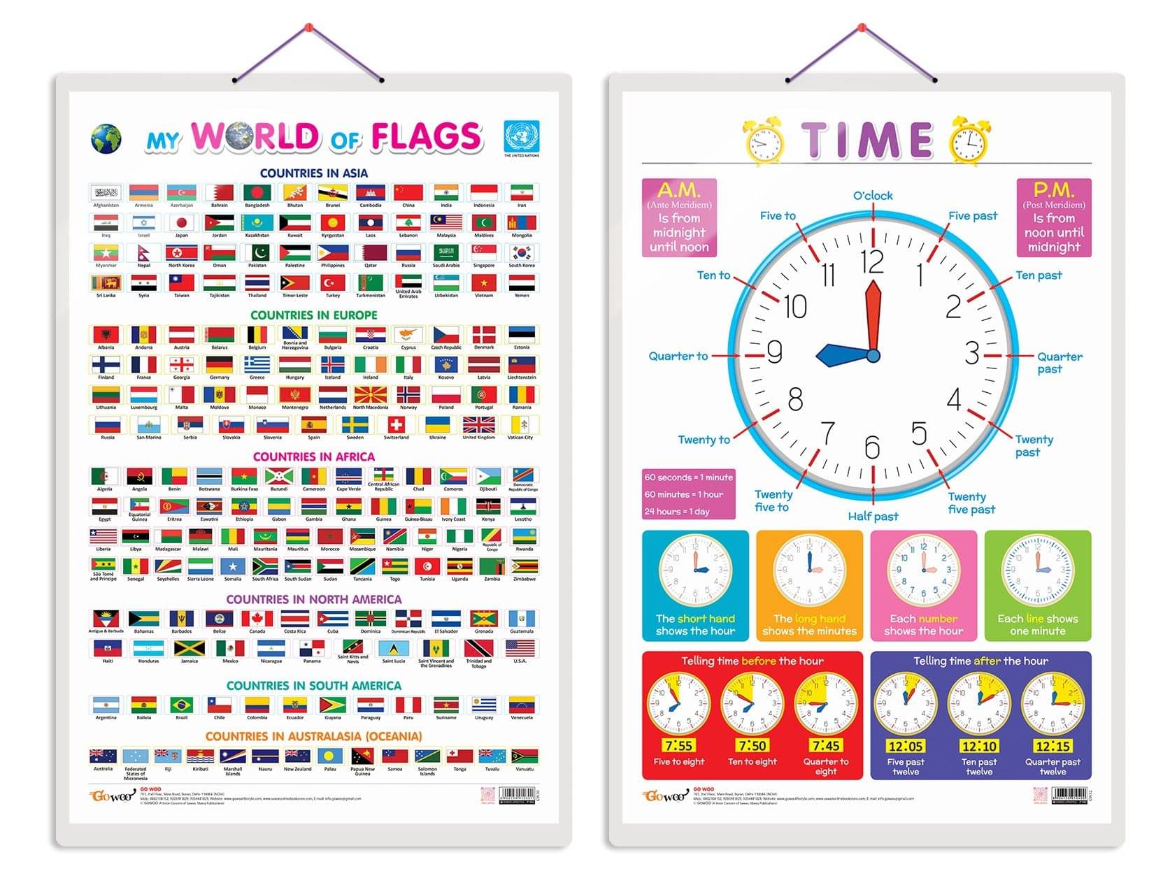 Set of 2 My World of Flags and TIME Early Learning Educational Charts for Kids | 20"X30" inch |Non-Tearable and Waterproof | Double Sided Laminated | Perfect for Homeschooling, Kindergarten and Nursery Students Set of 2 My World of Flags and TIME Early Learning Educational Charts for Kids | 20"X30" inch |Non-Tearable and Waterproof | Double Sided Laminated | Perfect for Homeschooling, Kindergarten and Nursery Students