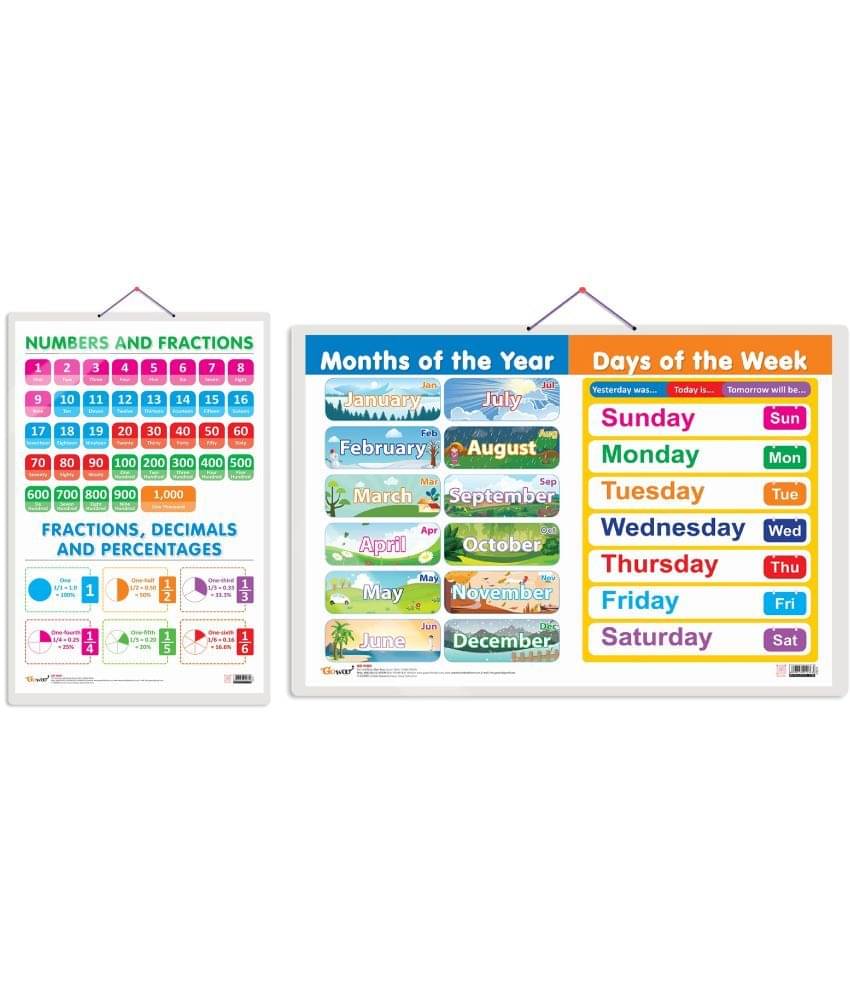 Set of 2 NUMBERS AND FRACTIONS and MONTHS OF THE YEAR AND DAYS OF THE WEEK Early Learning Educational Charts for Kids Set of 2 NUMBERS AND FRACTIONS and MONTHS OF THE YEAR AND DAYS OF THE WEEK Early Learning Educational Charts for Kids