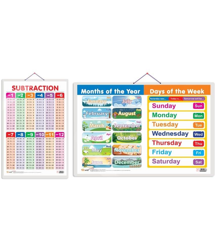 Set of 2 SUBTRACTION and MONTHS OF THE YEAR AND DAYS OF THE WEEK Early Learning Educational Charts for Kids | 20"X30" inch |Non-Tearable and Waterproof | Double Sided Laminated | Perfect for Homeschooling, Kindergarten and Nursery Students Set of 2 SUBTRACTION and MONTHS OF THE YEAR AND DAYS OF THE WEEK Early Learning Educational Charts for Kids | 20"X30" inch |Non-Tearable and Waterproof | Double Sided Laminated | Perfect for Homeschooling, Kindergarten and Nursery Students
