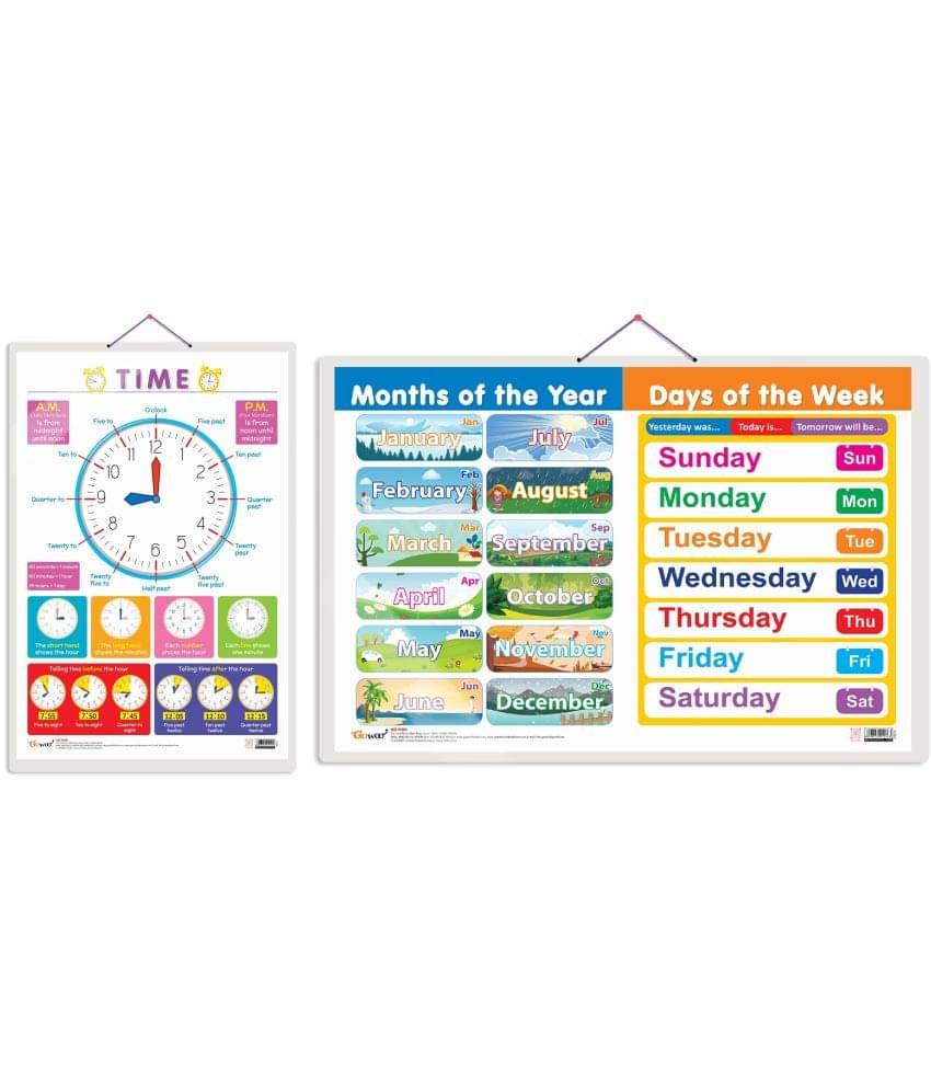 Set of 2 TIME and MONTHS OF THE YEAR AND DAYS OF THE WEEK Early Learning Educational Charts for Kids | 20"X30" inch |Non-Tearable and Waterproof | Double Sided Laminated | Perfect for Homeschooling, Kindergarten and Nursery Students Set of 2 TIME and MONTHS OF THE YEAR AND DAYS OF THE WEEK Early Learning Educational Charts for Kids | 20"X30" inch |Non-Tearable and Waterproof | Double Sided Laminated | Perfect for Homeschooling, Kindergarten and Nursery Students