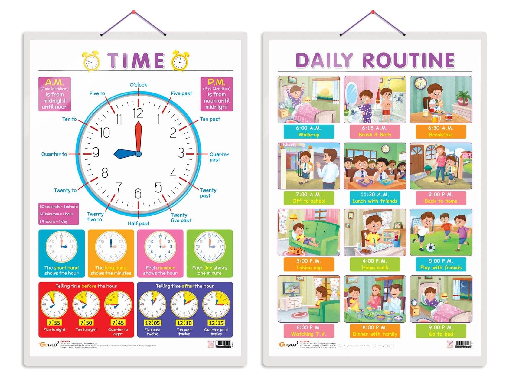 Set of 2 TIME and DAILY ROUTINE Early Learning Educational Charts for Kids | 20"X30" inch |Non-Tearable and Waterproof | Double Sided Laminated | Perfect for Homeschooling, Kindergarten and Nursery Students Set of 2 TIME and DAILY ROUTINE Early Learning Educational Charts for Kids | 20"X30" inch |Non-Tearable and Waterproof | Double Sided Laminated | Perfect for Homeschooling, Kindergarten and Nursery Students