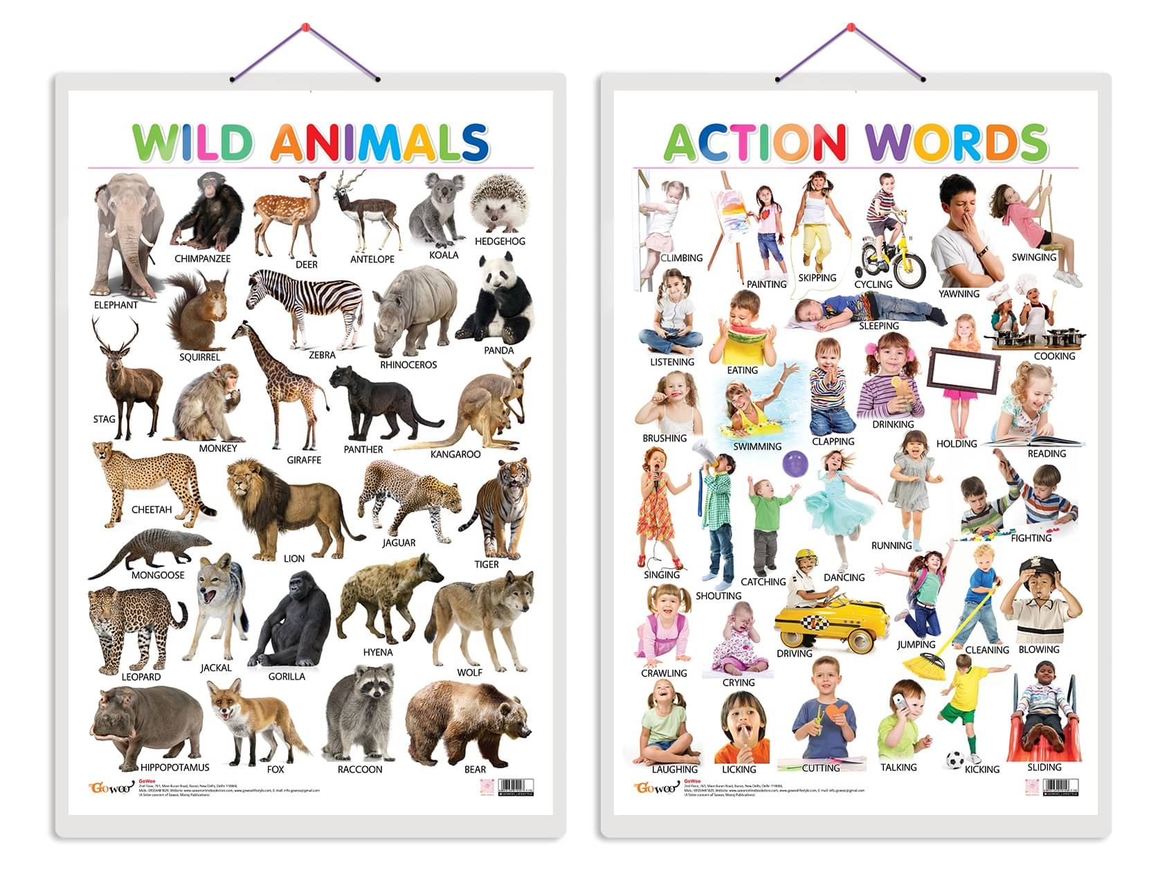     			Set of 2 Wild Animals and Action Words Early Learning Educational Charts for Kids | 20"X30" inch |Non-Tearable and Waterproof | Double Sided Laminated | Perfect for Homeschooling, Kindergarten and Nursery Students