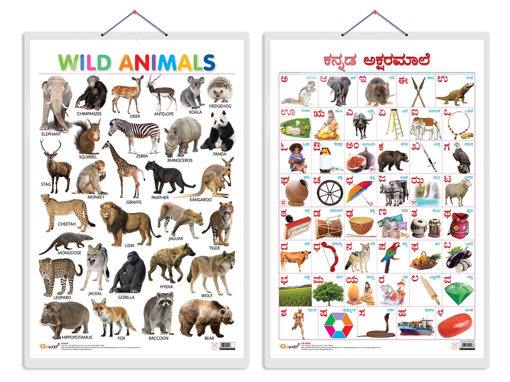     			Set of 2 Wild Animals and Kannada Alphabet Early Learning Educational Charts for Kids | 20"X30" inch |Non-Tearable and Waterproof | Double Sided Laminated | Perfect for Homeschooling, Kindergarten and Nursery Students