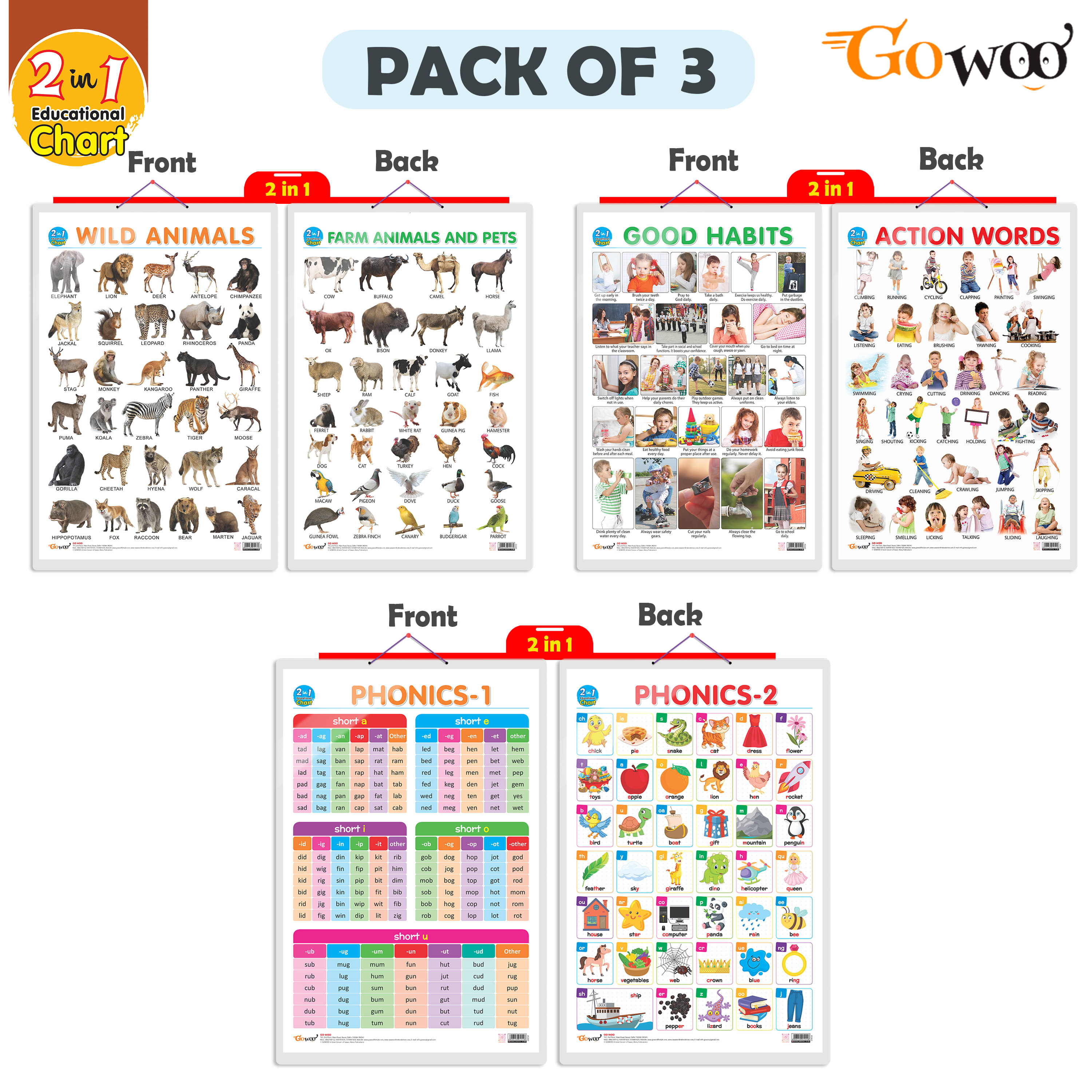     			Set of 3 |2 IN 1 WILD AND FARM ANIMALS & PETS, 2 IN 1 GOOD HABITS AND ACTION WORDS and 2 IN 1 PHONICS 1 AND PHONICS 2 Early Learning Educational Charts for Kids