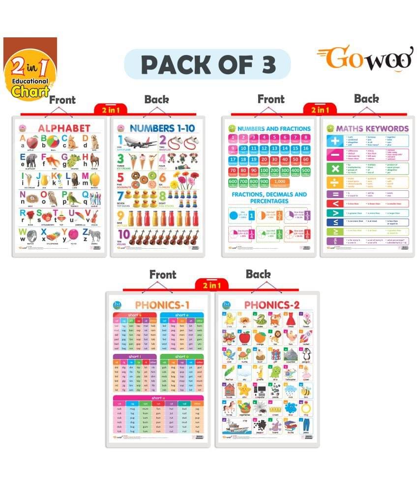     			Set of 3 | 2 IN 1 ALPHABET AND NUMBER 1-10, 2 IN 1 NUMBER & FRACTIONS AND MATHS KEYWORDS and 2 IN 1 PHONICS 1 AND PHONICS 2 Early Learning Educational Charts for Kids