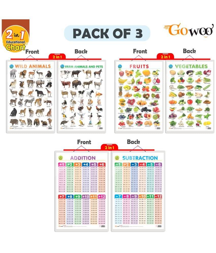 Set of 3 |2 IN 1 FRUITS AND VEGETABLES, 2 IN 1 WILD AND FARM ANIMALS & PETS and 2 IN 1 ADDITION AND SUBTRACTION Early Learning Educational Charts for Kids Set of 3 |2 IN 1 FRUITS AND VEGETABLES, 2 IN 1 WILD AND FARM ANIMALS & PETS and 2 IN 1 ADDITION AND SUBTRACTION Early Learning Educational Charts for Kids