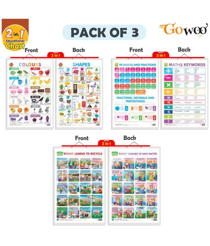 Set of 3 |2 IN 1 NUMBER & FRACTIONS AND MATHS KEYWORDS, 2 IN 1 COLOURS AND SHAPES and 2 IN 1 BENNY LEARNS TO RECYCLE AND BENNY TEACHES TO SAVE WATER Early Learning Educational Charts for Kids Set of 3 |2 IN 1 NUMBER & FRACTIONS AND MATHS KEYWORDS, 2 IN 1 COLOURS AND SHAPES and 2 IN 1 BENNY LEARNS TO RECYCLE AND BENNY TEACHES TO SAVE WATER Early Learning Educational Charts for Kids