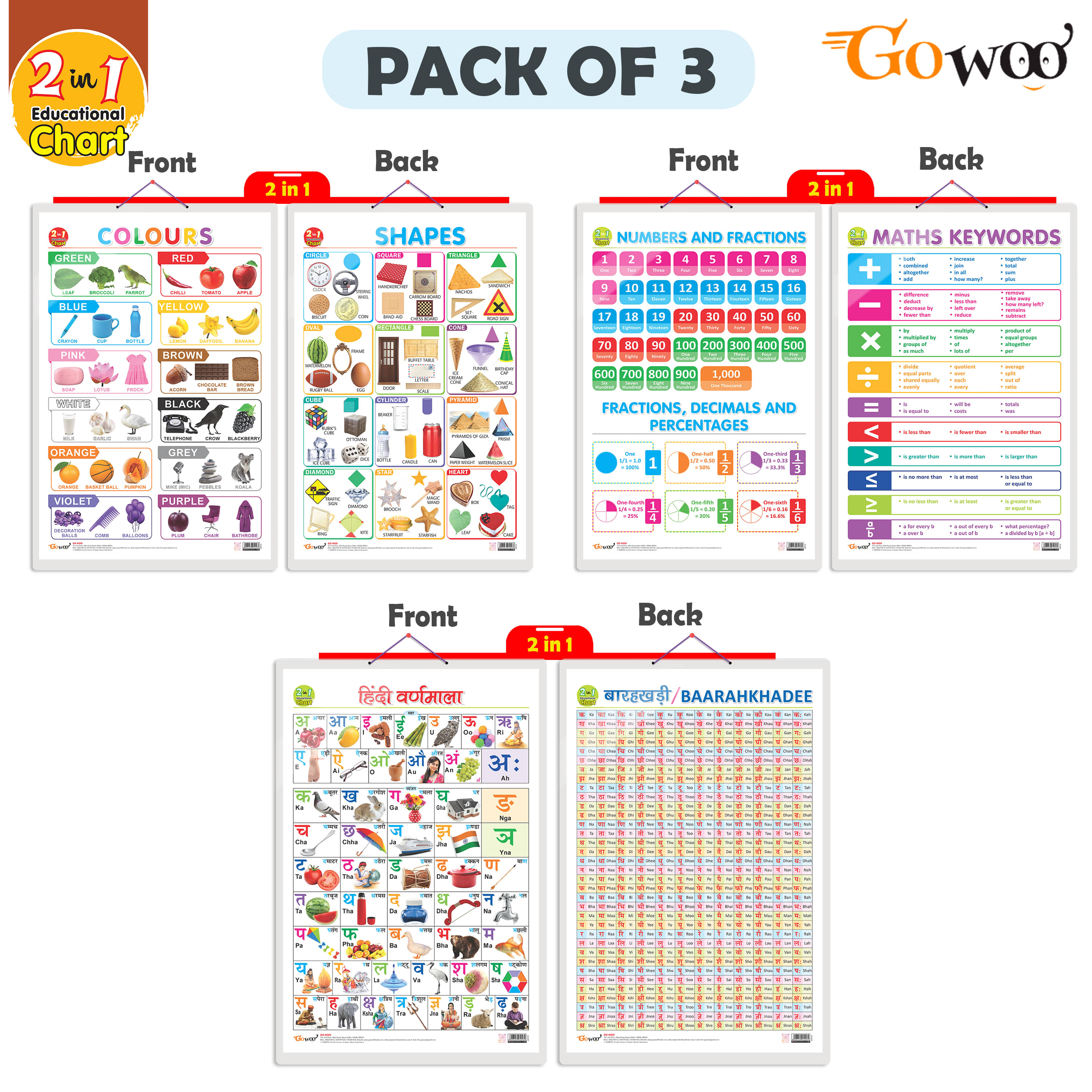 Set of 3 | 2 IN 1 NUMBER & FRACTIONS AND MATHS KEYWORDS, 2 IN 1 COLOURS AND SHAPES AND 2 IN 1 HINDI VARNMALA AND BAARAHKHADEE Early Learning Educational Charts for Kids Set of 3 | 2 IN 1 NUMBER & FRACTIONS AND MATHS KEYWORDS, 2 IN 1 COLOURS AND SHAPES AND 2 IN 1 HINDI VARNMALA AND BAARAHKHADEE Early Learning Educational Charts for Kids