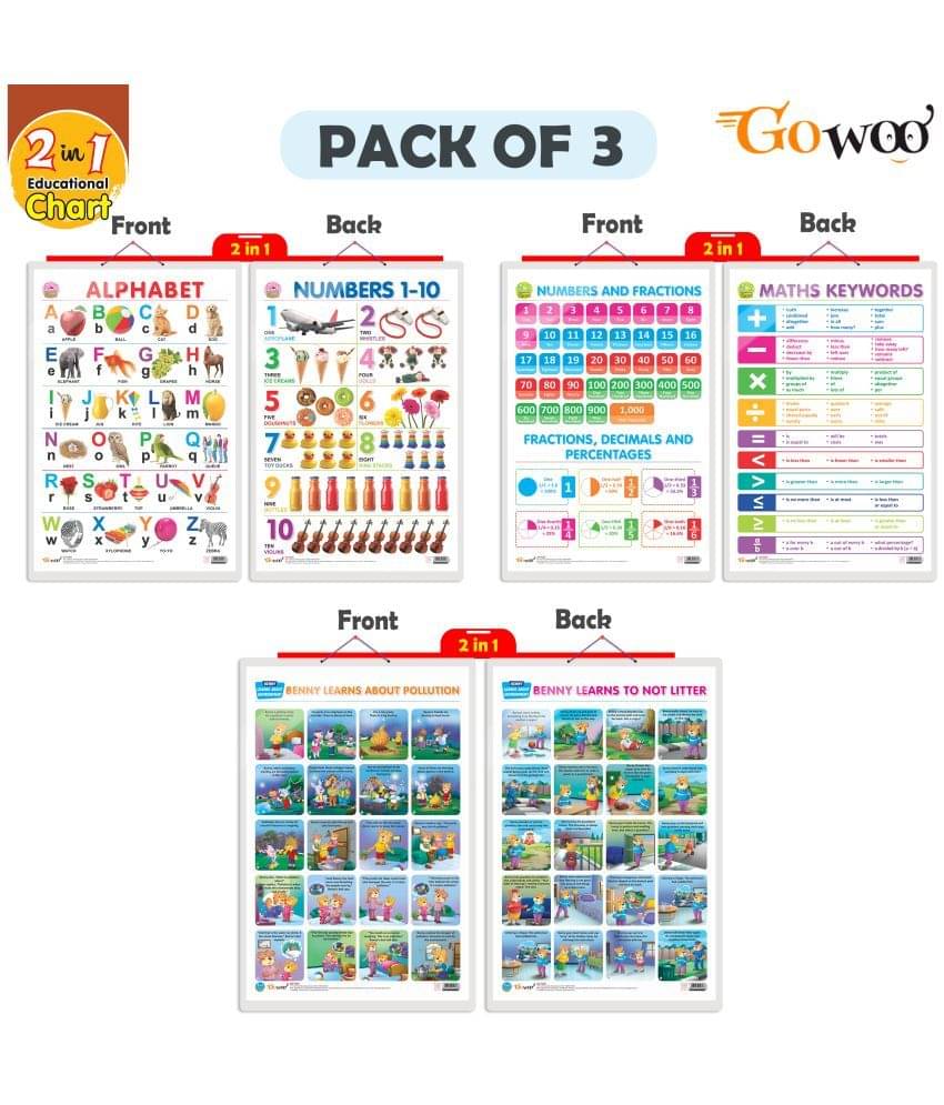 Set of 3 | 2 IN 1 ALPHABET AND NUMBER 1-10, 2 IN 1 NUMBER & FRACTIONS AND MATHS KEYWORDS and 2 IN 1 BENNY LEARNS ABOUT POLLUTION AND BENNY LEARNS NOT TO LITTER Early Learning Educational Charts for Kids Set of 3 | 2 IN 1 ALPHABET AND NUMBER 1-10, 2 IN 1 NUMBER & FRACTIONS AND MATHS KEYWORDS and 2 IN 1 BENNY LEARNS ABOUT POLLUTION AND BENNY LEARNS NOT TO LITTER Early Learning Educational Charts for Kids