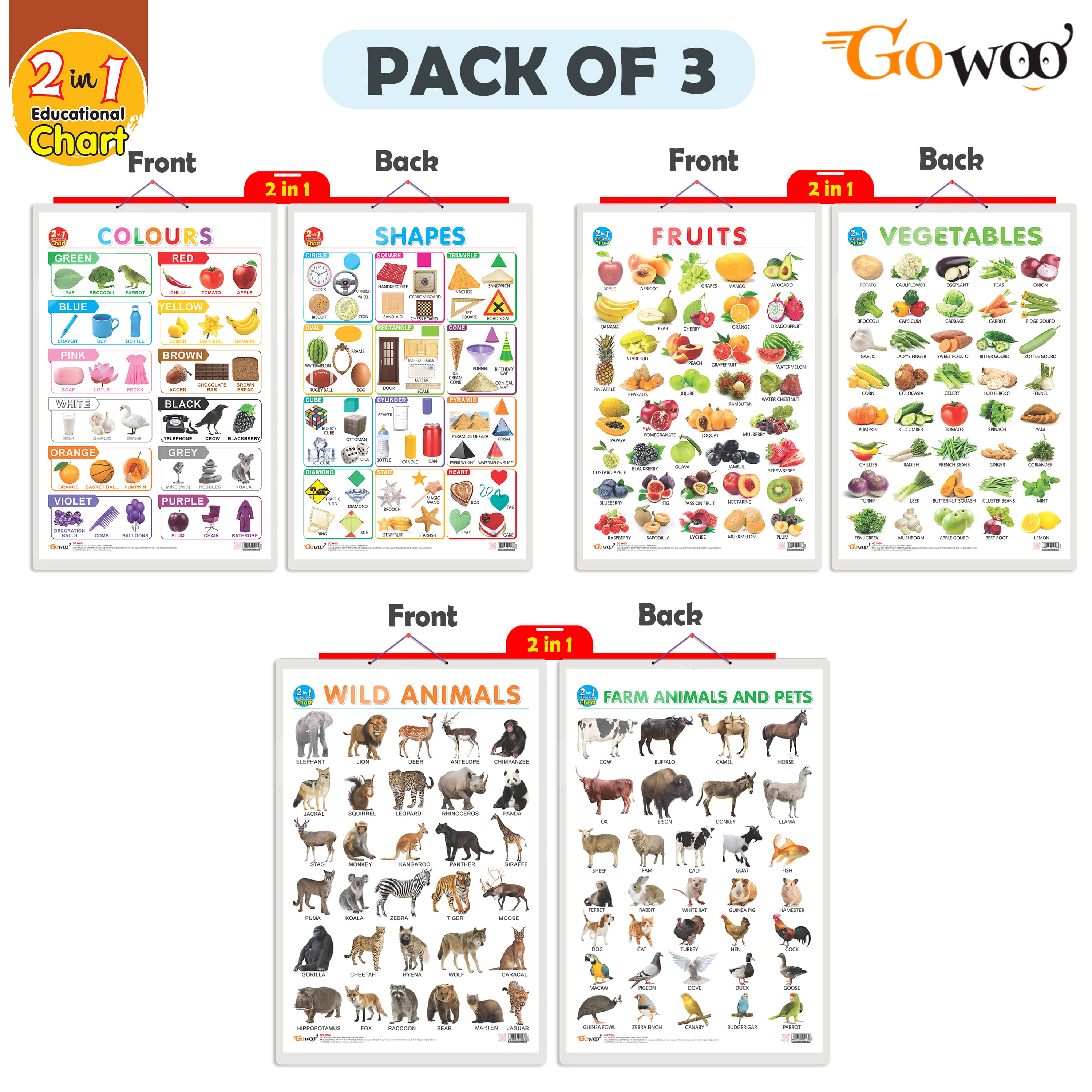     			Set of 3 | 2 IN 1 COLOURS AND SHAPES and 2 IN 1 FRUITS AND VEGETABLES, 2 IN 1 WILD AND FARM ANIMALS & PETS Early Learning Educational Charts for Kids