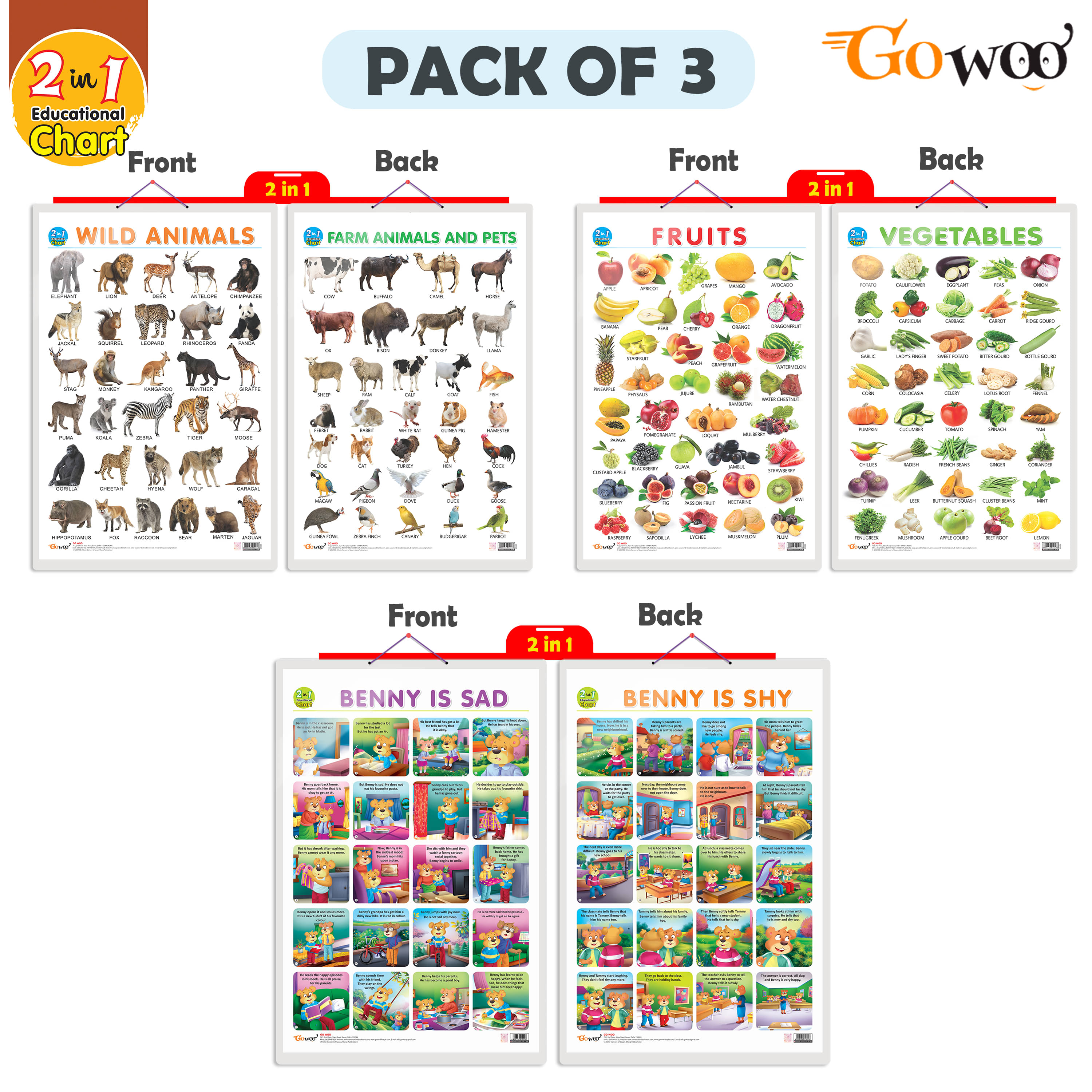 Set of 3 |2 IN 1 FRUITS AND VEGETABLES, 2 IN 1 WILD AND FARM ANIMALS & PETS and 2 IN 1 BENNY IS SAD AND BENNY IS SHY Early Learning Educational Charts for Kids Set of 3 |2 IN 1 FRUITS AND VEGETABLES, 2 IN 1 WILD AND FARM ANIMALS & PETS and 2 IN 1 BENNY IS SAD AND BENNY IS SHY Early Learning Educational Charts for Kids