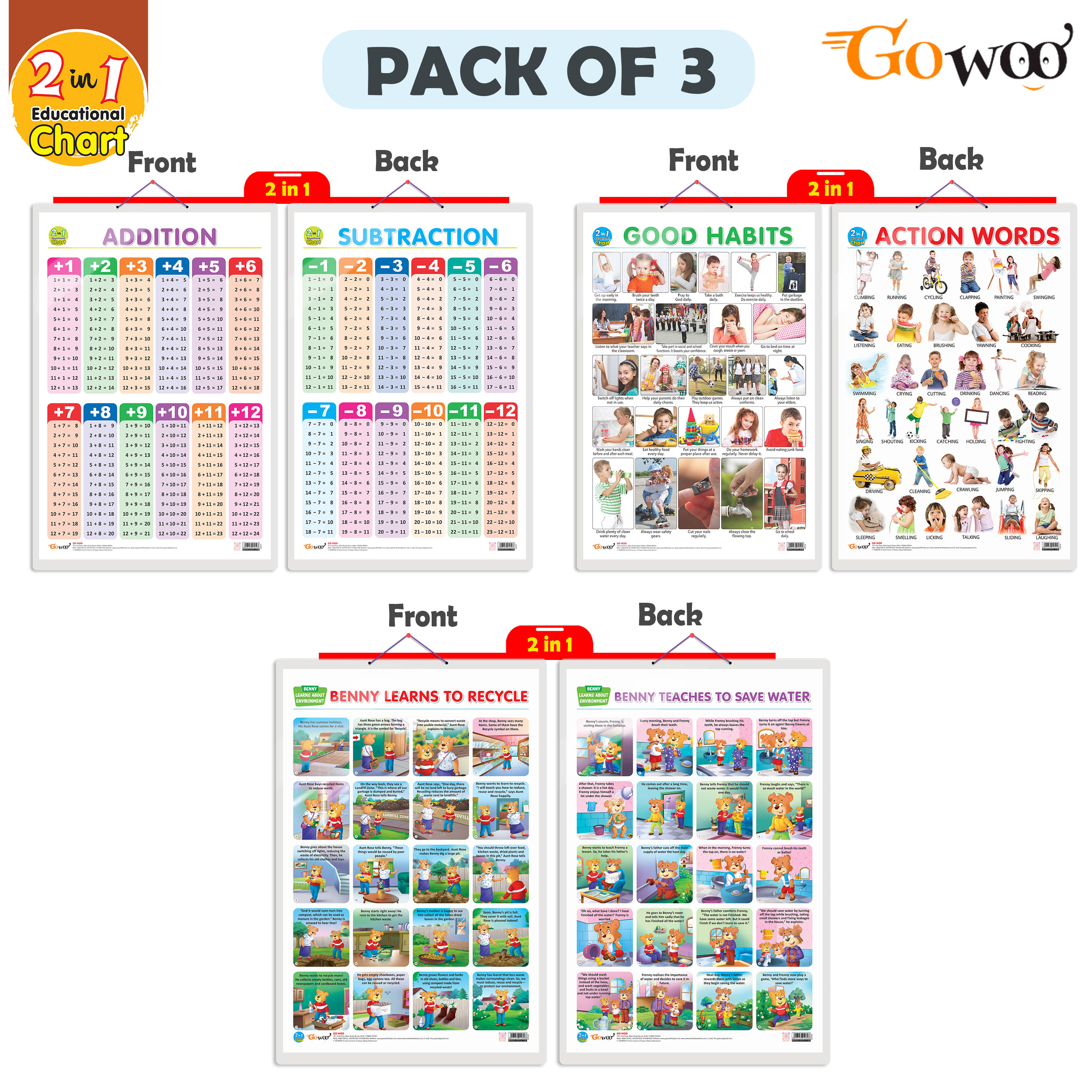     			Set of 3 |2 IN 1 GOOD HABITS AND ACTION WORDS, 2 IN 1 ADDITION AND SUBTRACTION and 2 IN 1 BENNY LEARNS TO RECYCLE AND BENNY TEACHES TO SAVE WATER Early Learning Educational Charts for Kids