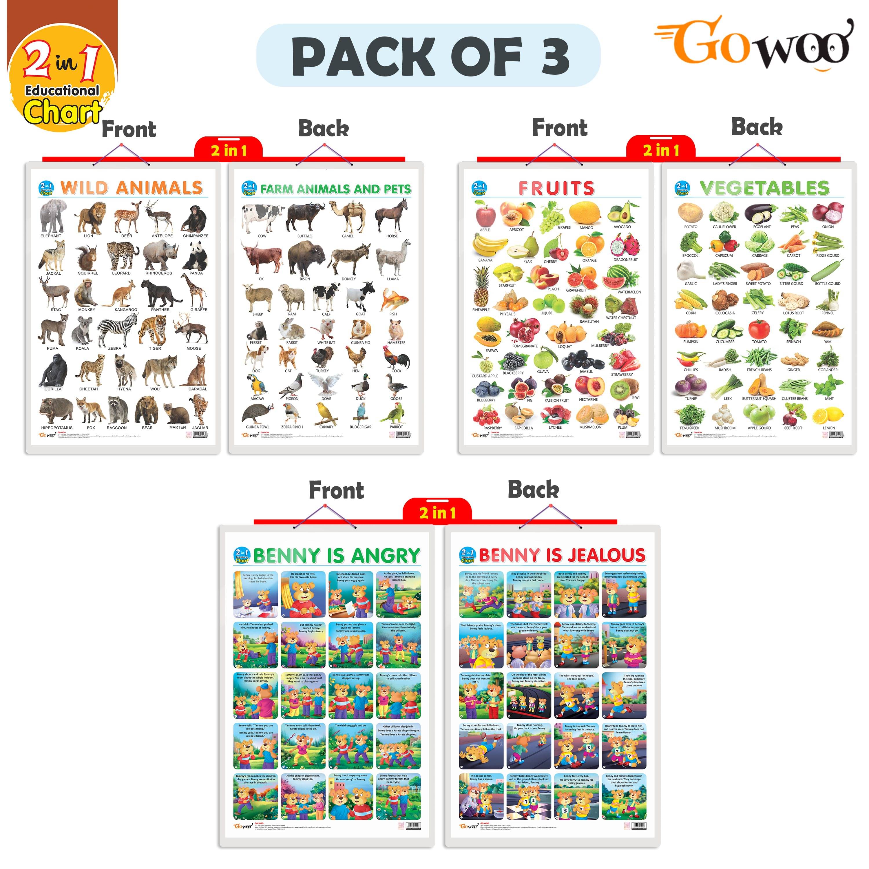     			Set of 3 |2 IN 1 FRUITS AND VEGETABLES, 2 IN 1 WILD AND FARM ANIMALS & PETS and 2 IN 1 BENNY IS ANGRY AND BENNY IS JEALOUS Early Learning Educational Charts for Kids