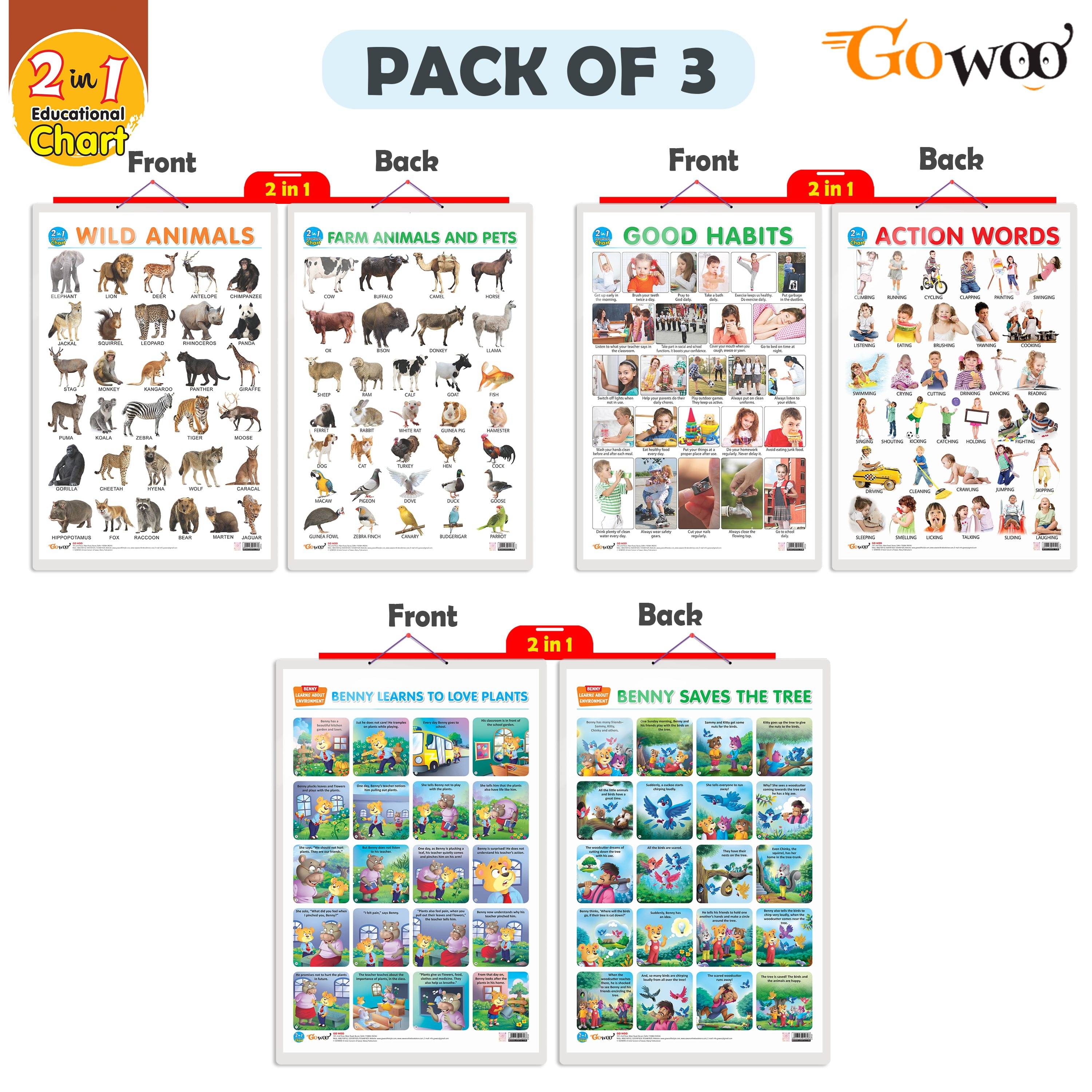     			Set of 3 |2 IN 1 WILD AND FARM ANIMALS & PETS, 2 IN 1 GOOD HABITS AND ACTION WORDS and 2 IN 1 BENNY LEARNS TO LOVE PLANTS AND BENNY SAVES THE TREE Early Learning Educational Charts for Kids