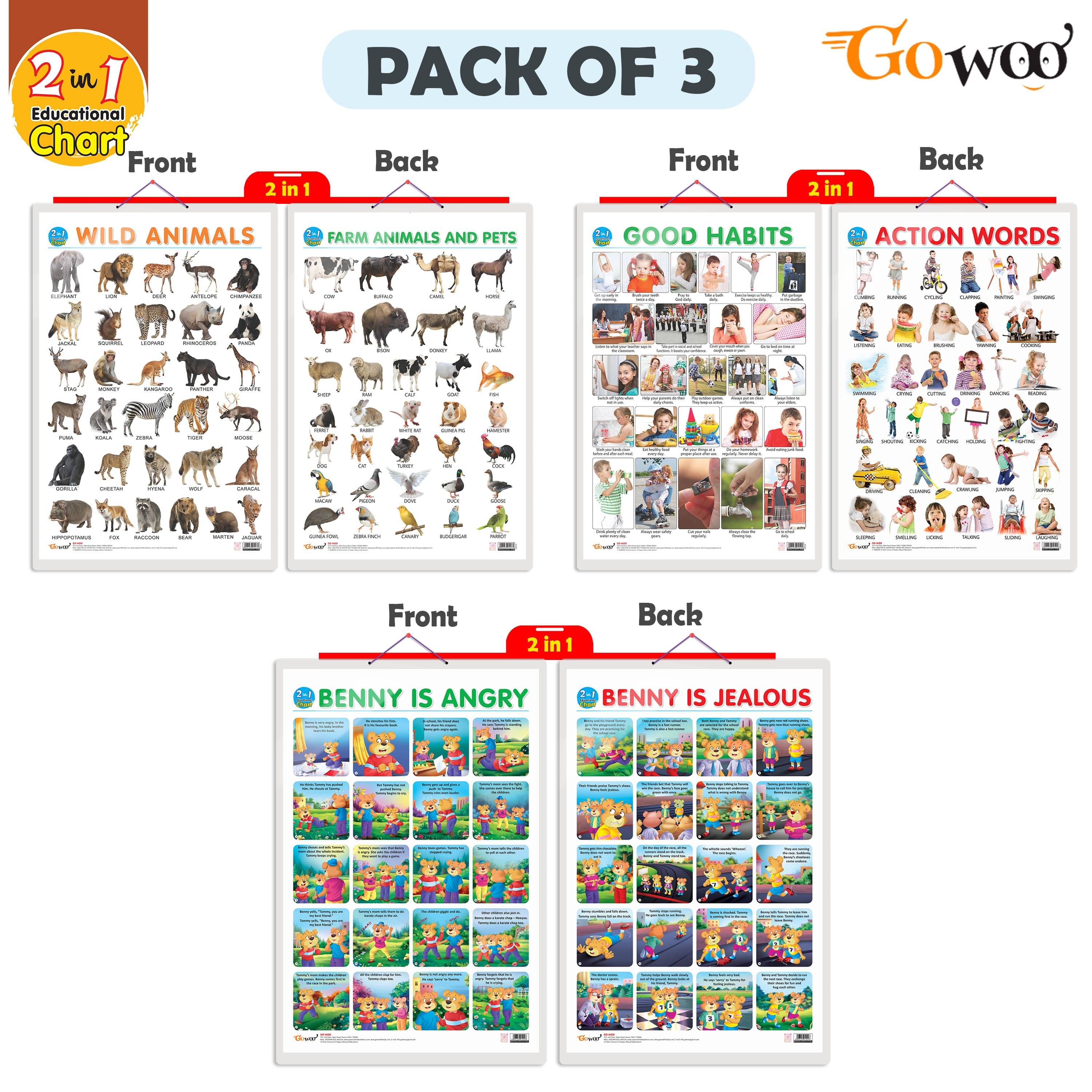     			Set of 3 |2 IN 1 WILD AND FARM ANIMALS & PETS, 2 IN 1 GOOD HABITS AND ACTION WORDS and 2 IN 1 BENNY IS ANGRY AND BENNY IS JEALOUS Early Learning Educational Charts for Kids