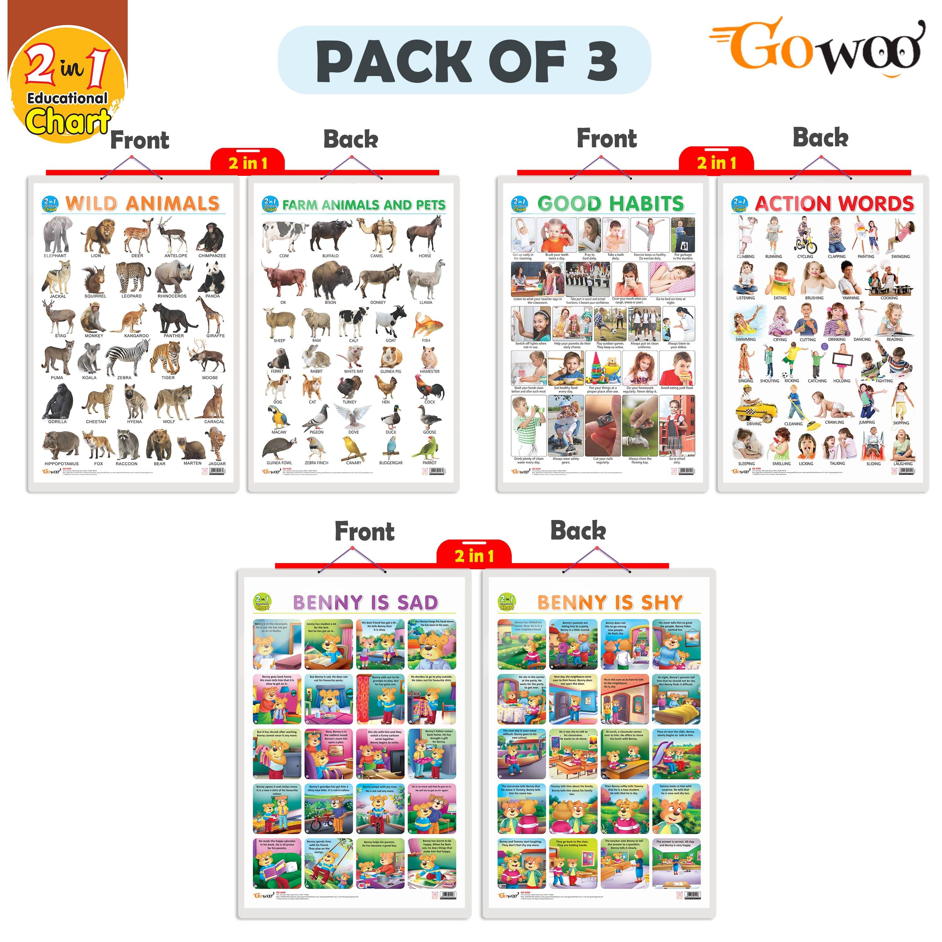 Set of 3 |2 IN 1 WILD AND FARM ANIMALS & PETS, 2 IN 1 GOOD HABITS AND ACTION WORDS and 2 IN 1 BENNY IS SAD AND BENNY IS SHY Early Learning Educational Charts for Kids Set of 3 |2 IN 1 WILD AND FARM ANIMALS & PETS, 2 IN 1 GOOD HABITS AND ACTION WORDS and 2 IN 1 BENNY IS SAD AND BENNY IS SHY Early Learning Educational Charts for Kids