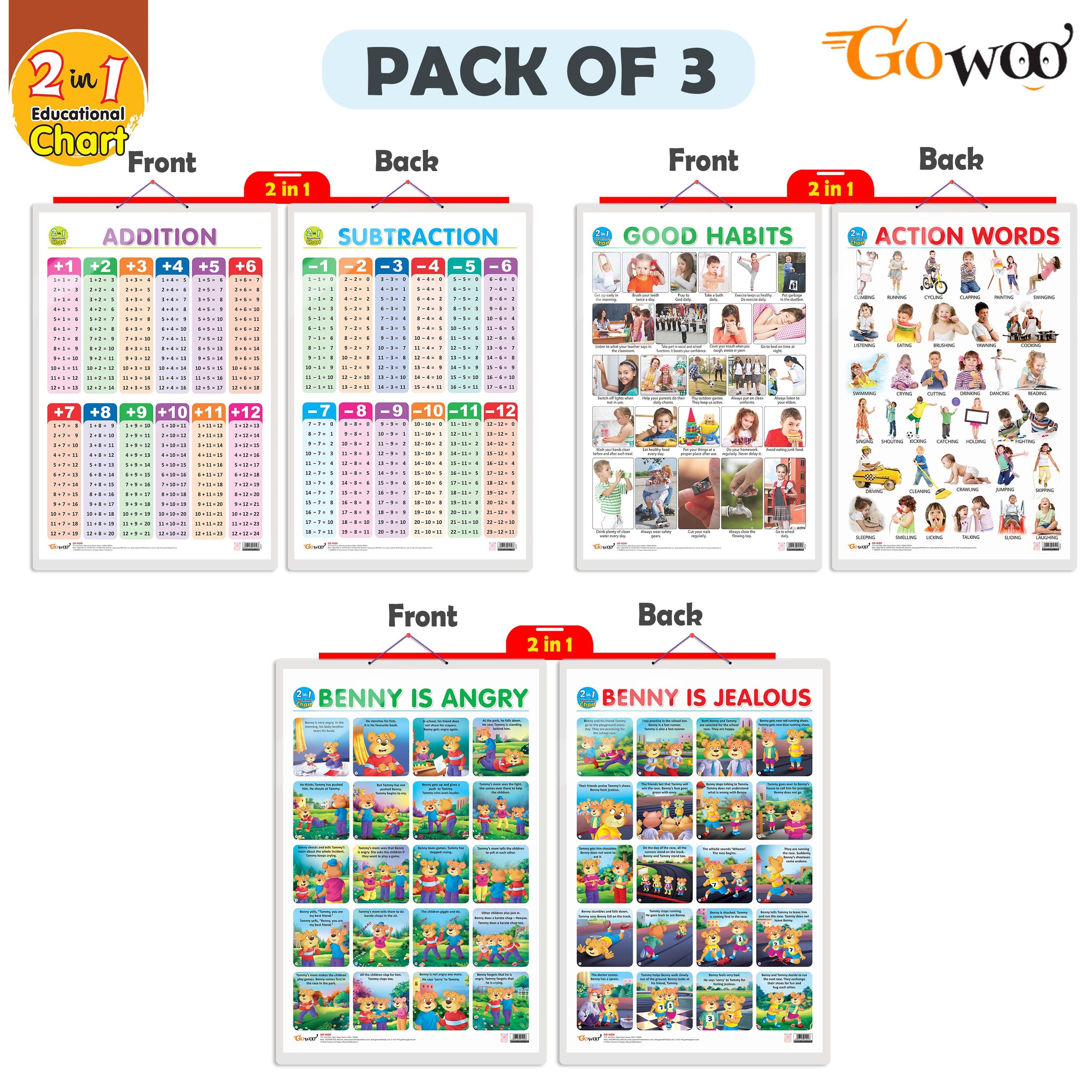 Set of 3 |2 IN 1 GOOD HABITS AND ACTION WORDS, 2 IN 1 ADDITION AND SUBTRACTION and 2 IN 1 BENNY IS ANGRY AND BENNY IS JEALOUS Early Learning Educational Charts for Kids Set of 3 |2 IN 1 GOOD HABITS AND ACTION WORDS, 2 IN 1 ADDITION AND SUBTRACTION and 2 IN 1 BENNY IS ANGRY AND BENNY IS JEALOUS Early Learning Educational Charts for Kids