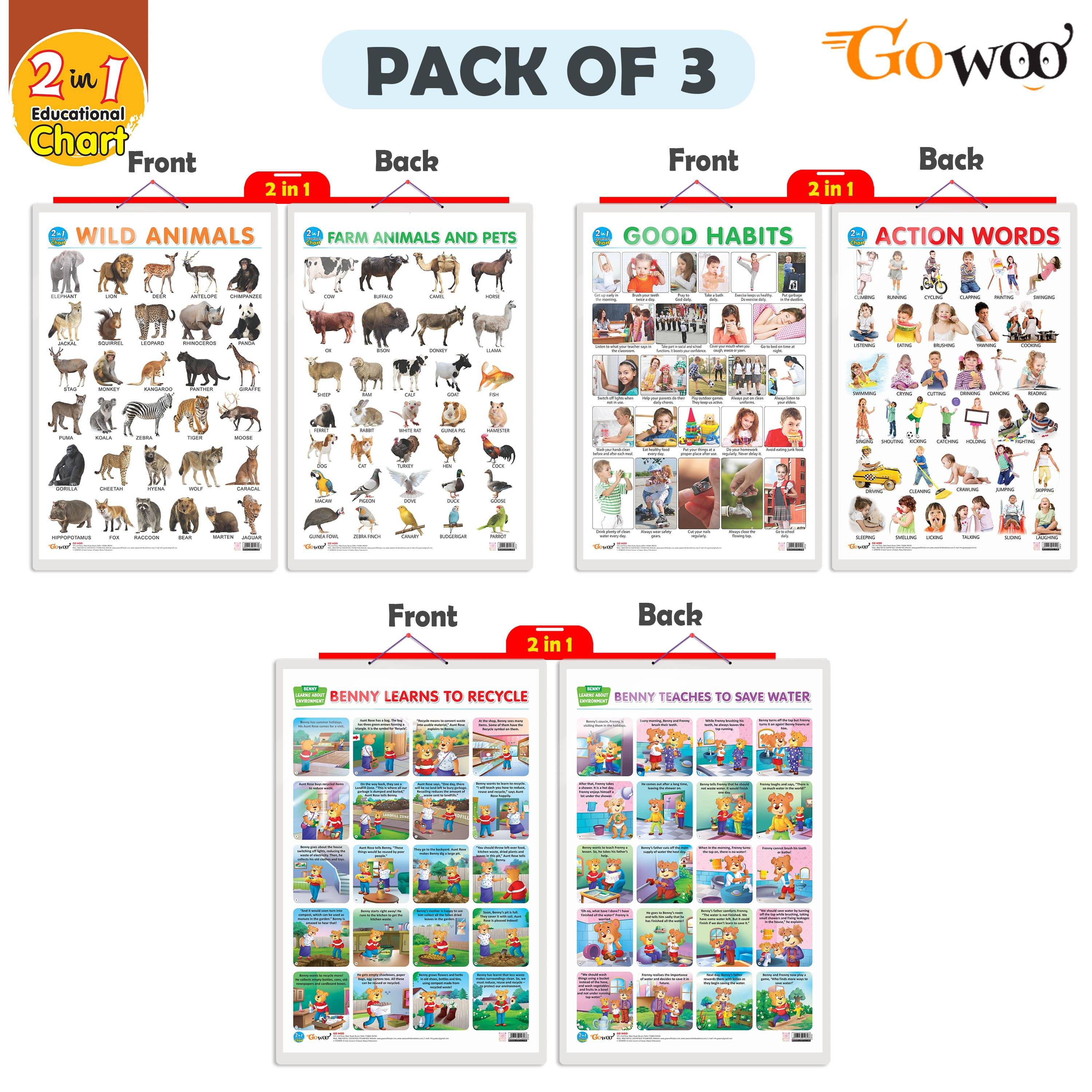 Set of 3 |2 IN 1 WILD AND FARM ANIMALS & PETS, 2 IN 1 GOOD HABITS AND ACTION WORDS and 2 IN 1 BENNY LEARNS TO RECYCLE AND BENNY TEACHES TO SAVE WATER Early Learning Educational Charts for Kids Set of 3 |2 IN 1 WILD AND FARM ANIMALS & PETS, 2 IN 1 GOOD HABITS AND ACTION WORDS and 2 IN 1 BENNY LEARNS TO RECYCLE AND BENNY TEACHES TO SAVE WATER Early Learning Educational Charts for Kids