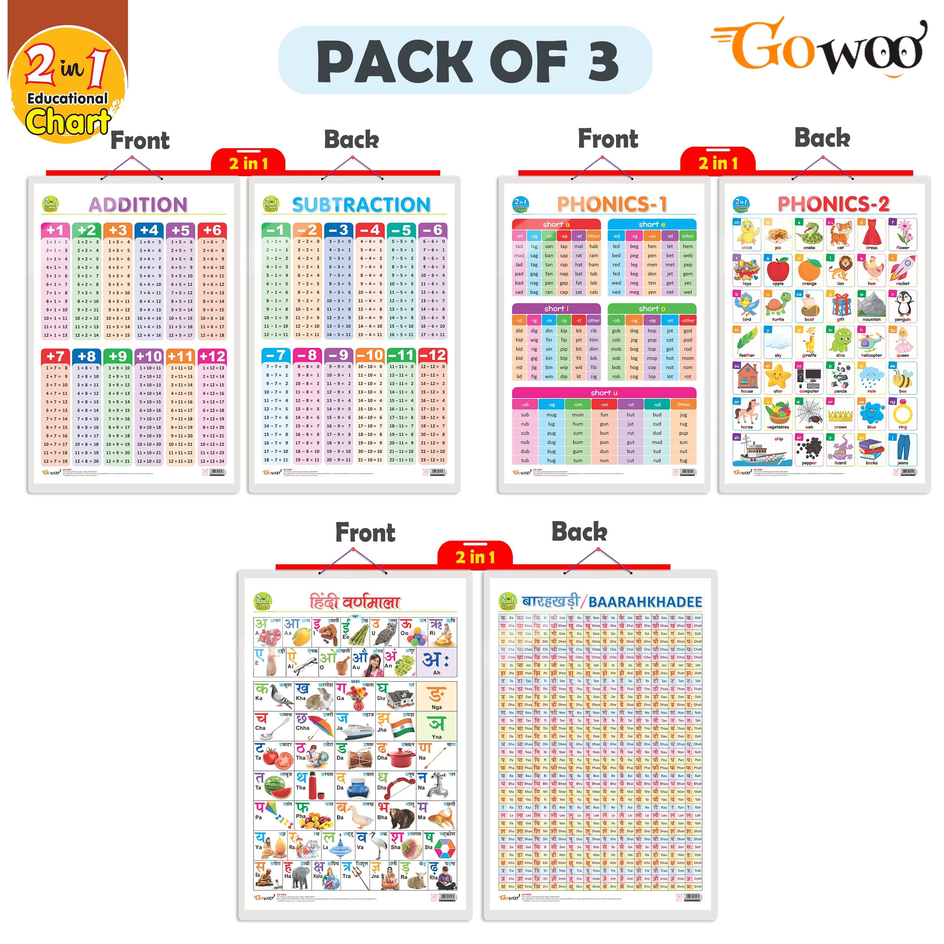 Set of 3 |2 IN 1 ADDITION AND SUBTRACTION, 2 IN 1 PHONICS 1 AND PHONICS 2 and 2 IN 1 HINDI VARNMALA AND BAARAHKHADEE Early Learning Educational Charts for Kids Set of 3 |2 IN 1 ADDITION AND SUBTRACTION, 2 IN 1 PHONICS 1 AND PHONICS 2 and 2 IN 1 HINDI VARNMALA AND BAARAHKHADEE Early Learning Educational Charts for Kids