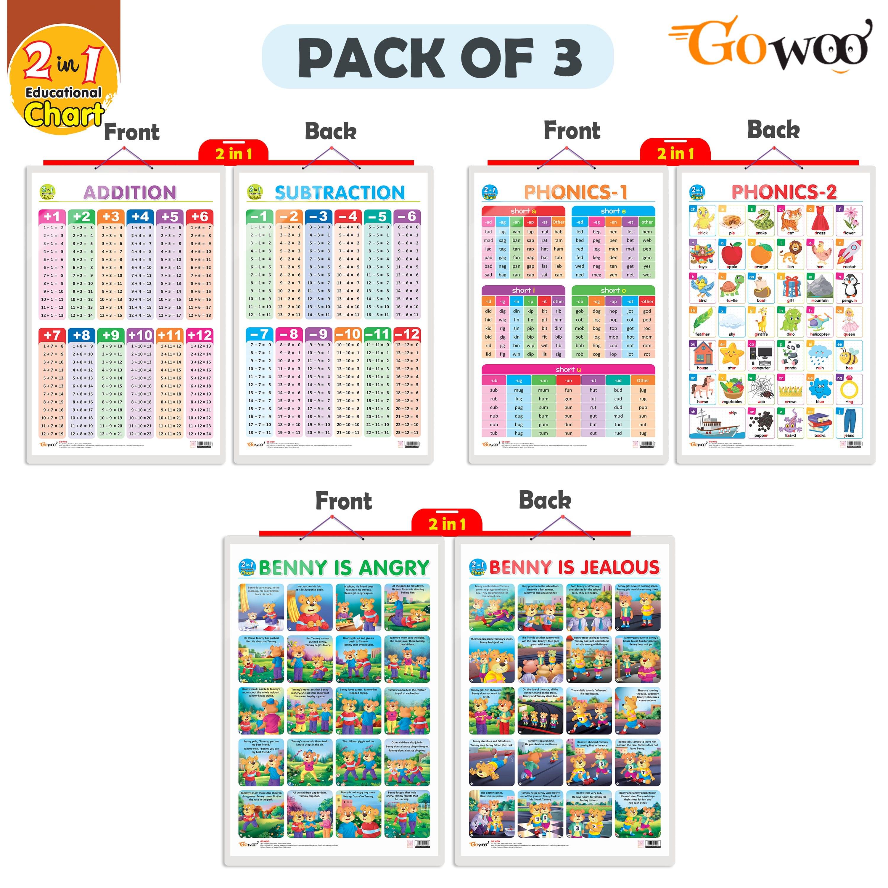     			Set of 3 |2 IN 1 ADDITION AND SUBTRACTION, 2 IN 1 PHONICS 1 AND PHONICS 2 and 2 IN 1 BENNY IS ANGRY AND BENNY IS JEALOUS Early Learning Educational Charts for Kids