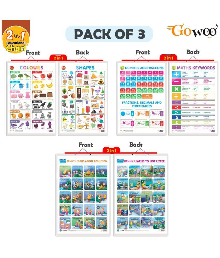 Set of 3 |2 IN 1 NUMBER & FRACTIONS AND MATHS KEYWORDS , 2 IN 1 COLOURS AND SHAPES and 2 IN 1 BENNY LEARNS ABOUT POLLUTION AND BENNY LEARNS NOT TO LITTER Early Learning Educational Charts for Kids Set of 3 |2 IN 1 NUMBER & FRACTIONS AND MATHS KEYWORDS , 2 IN 1 COLOURS AND SHAPES and 2 IN 1 BENNY LEARNS ABOUT POLLUTION AND BENNY LEARNS NOT TO LITTER Early Learning Educational Charts for Kids