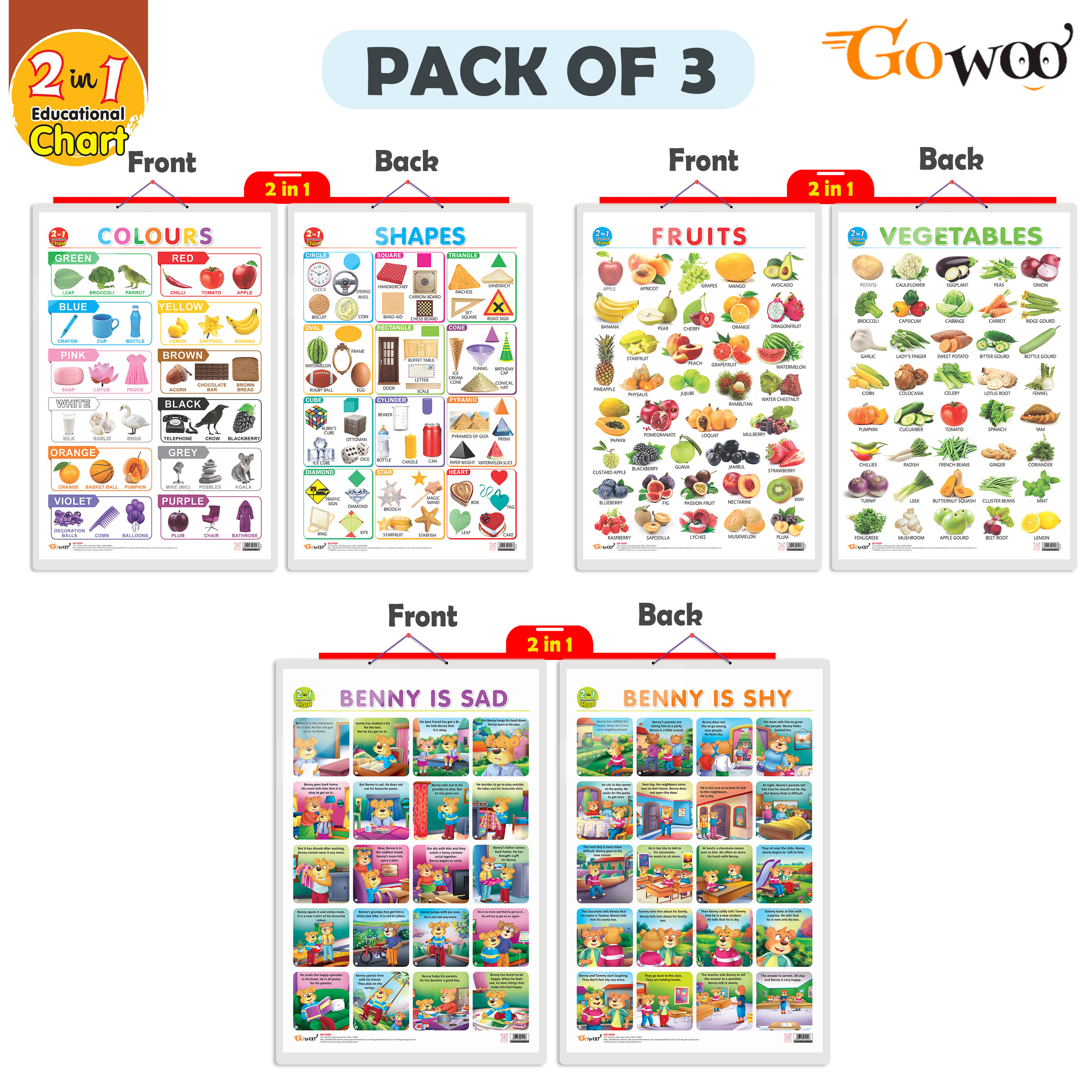 Set of 3 |2 IN 1 COLOURS AND SHAPES, 2 IN 1 FRUITS AND VEGETABLES and 2 IN 1 BENNY IS SAD AND BENNY IS SHY Early Learning Educational Charts for Kids Set of 3 |2 IN 1 COLOURS AND SHAPES, 2 IN 1 FRUITS AND VEGETABLES and 2 IN 1 BENNY IS SAD AND BENNY IS SHY Early Learning Educational Charts for Kids