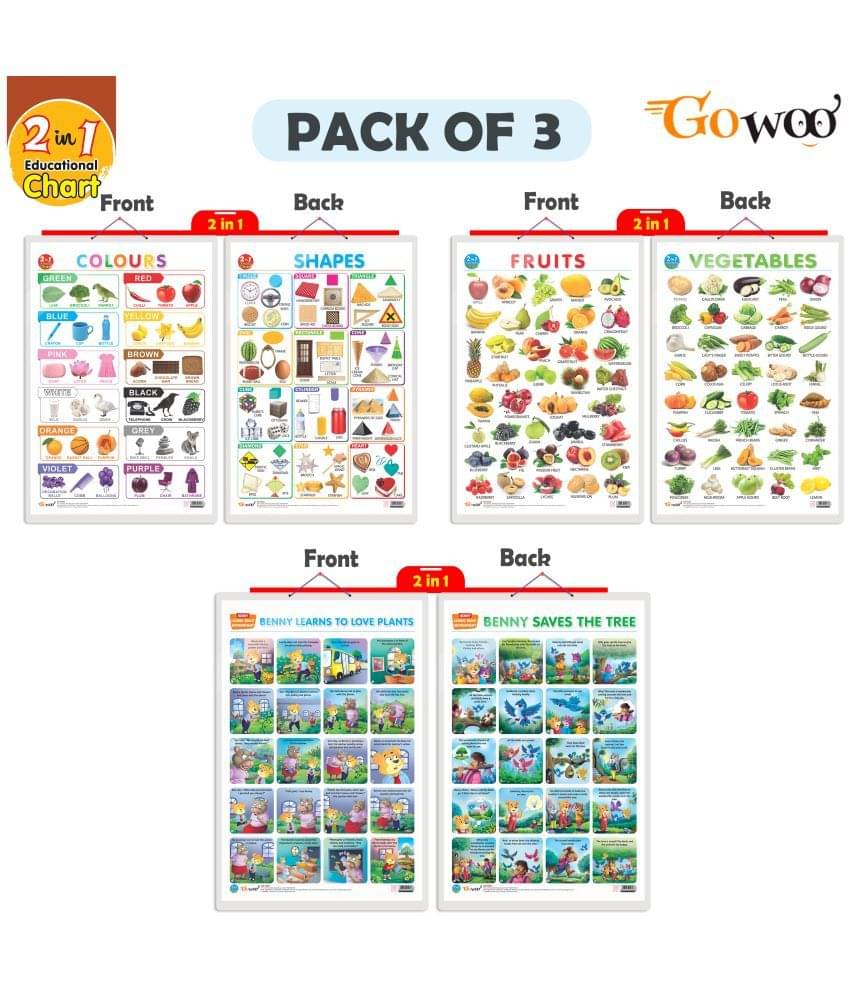     			Set of 3 |2 IN 1 COLOURS AND SHAPES, 2 IN 1 FRUITS AND VEGETABLES and 2 IN 1 BENNY LEARNS TO LOVE PLANTS AND BENNY SAVES THE TREE Early Learning Educational Charts for Kids