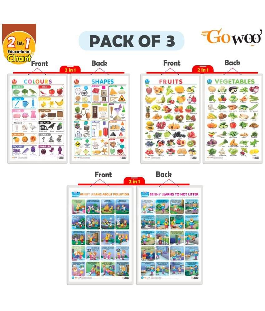 Set of 3 |2 IN 1 COLOURS AND SHAPES, 2 IN 1 FRUITS AND VEGETABLES and 2 IN 1 BENNY LEARNS ABOUT POLLUTION AND BENNY LEARNS NOT TO LITTER Early Learning Educational Charts for Kids Set of 3 |2 IN 1 COLOURS AND SHAPES, 2 IN 1 FRUITS AND VEGETABLES and 2 IN 1 BENNY LEARNS ABOUT POLLUTION AND BENNY LEARNS NOT TO LITTER Early Learning Educational Charts for Kids