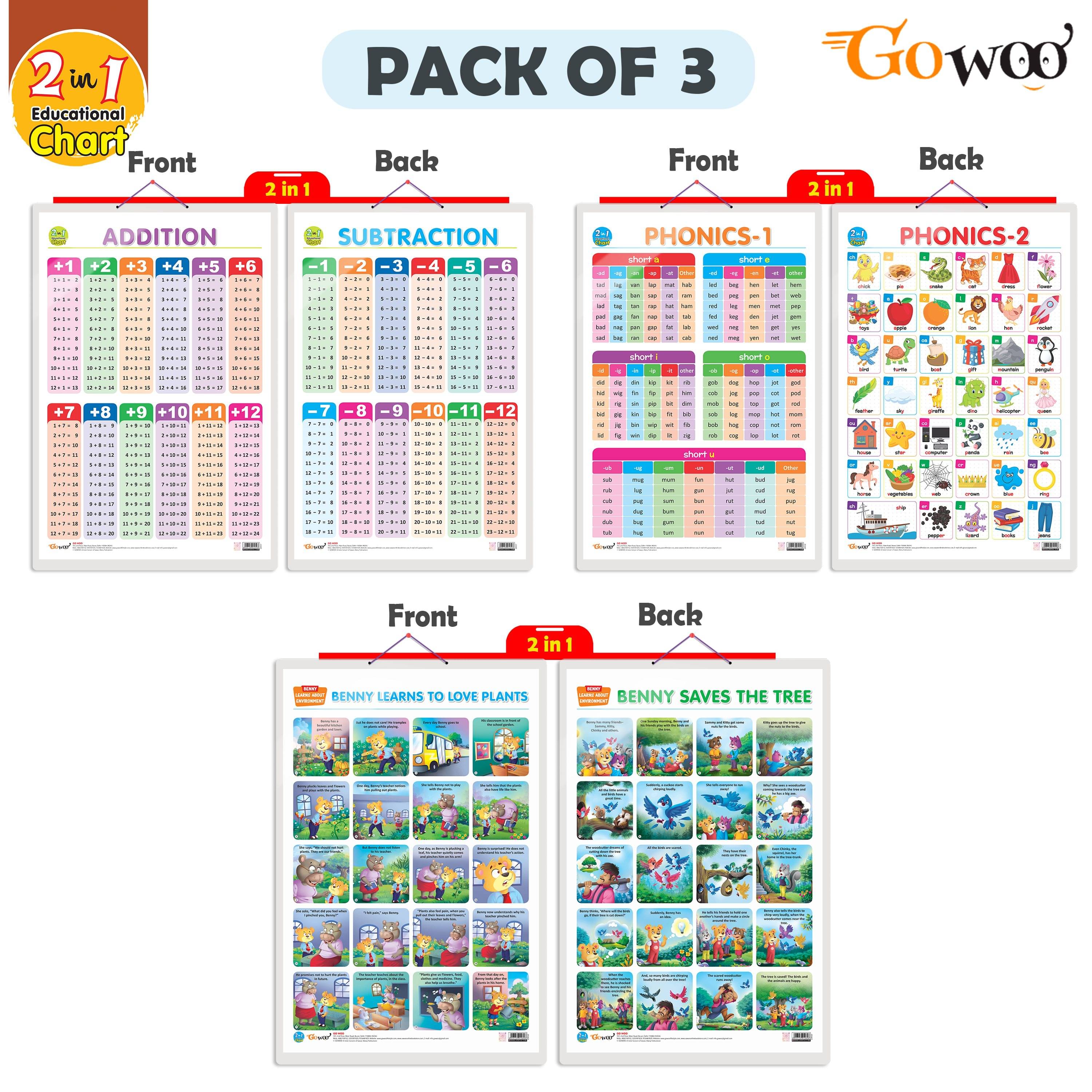 Set of 3 | 2 IN 1 ADDITION AND SUBTRACTION, 2 IN 1 PHONICS 1 AND PHONICS 2 and 2 IN 1 BENNY IS SAD AND BENNY IS SHY Early Learning Educational Charts for Kids Set of 3 | 2 IN 1 ADDITION AND SUBTRACTION, 2 IN 1 PHONICS 1 AND PHONICS 2 and 2 IN 1 BENNY IS SAD AND BENNY IS SHY Early Learning Educational Charts for Kids